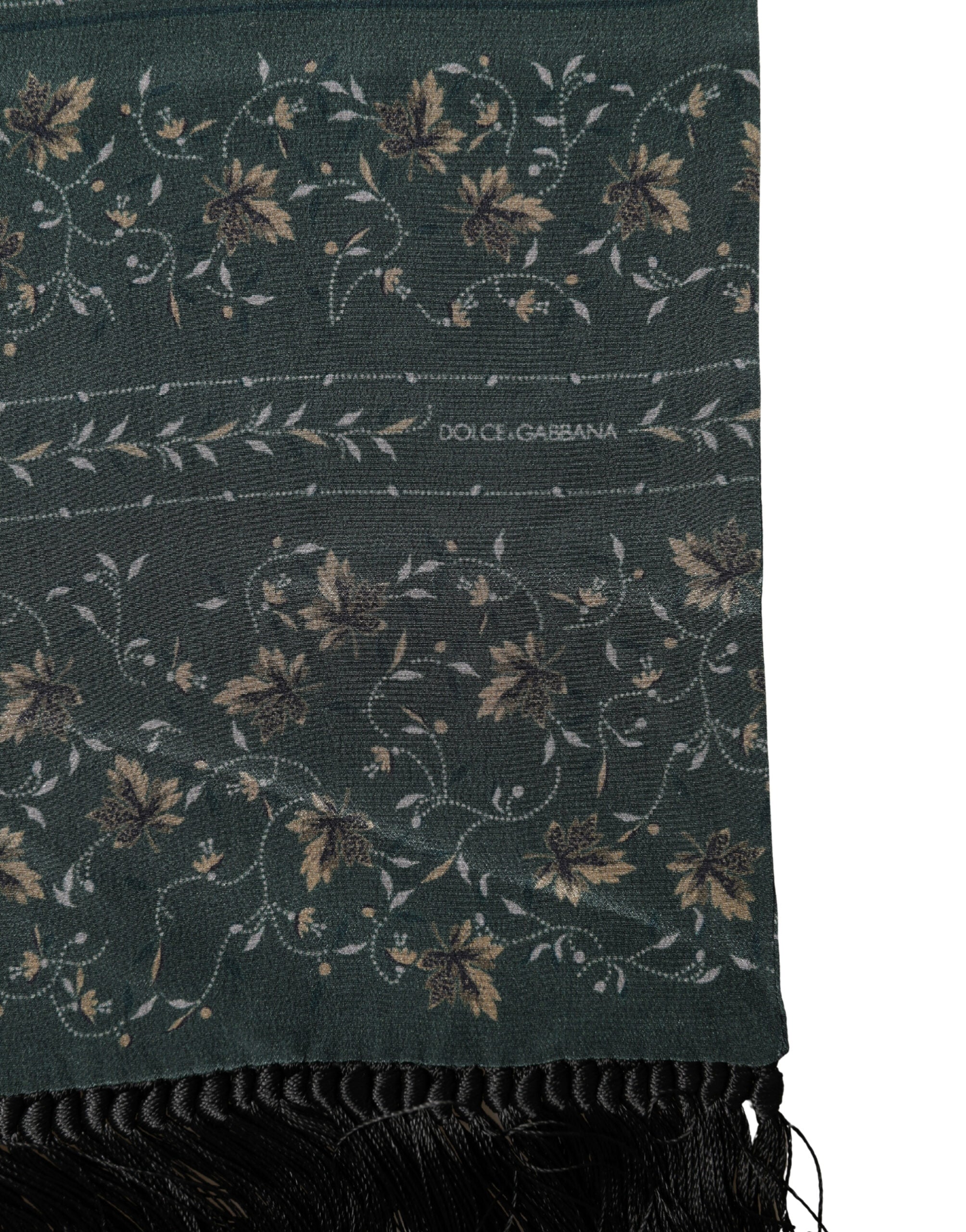 Green Silk Floral Pattern Fringed 135cm X 16cm Scarf