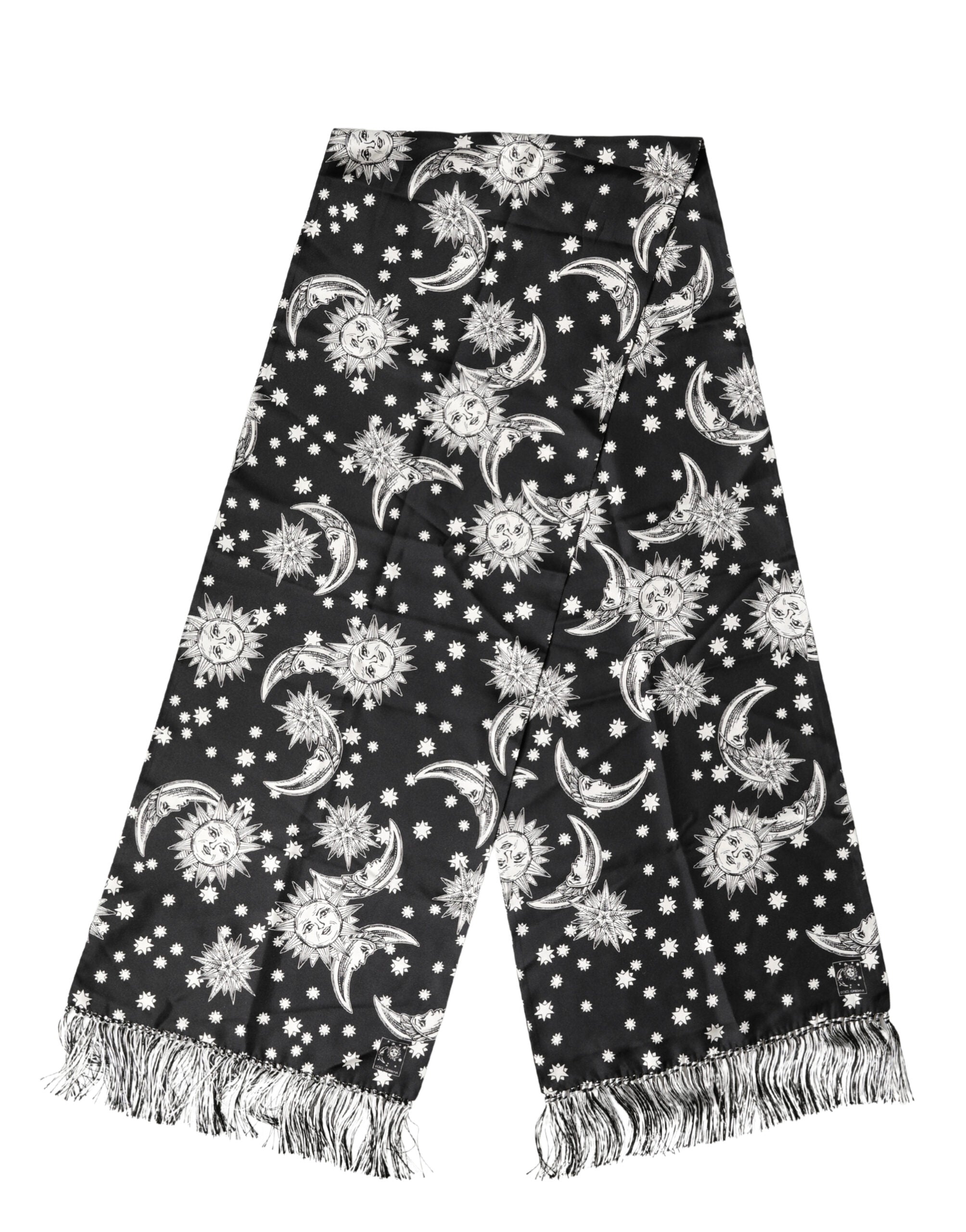 Black Silk Sun Moon Star Fringe Foulard 178cm X 33cm Scarf