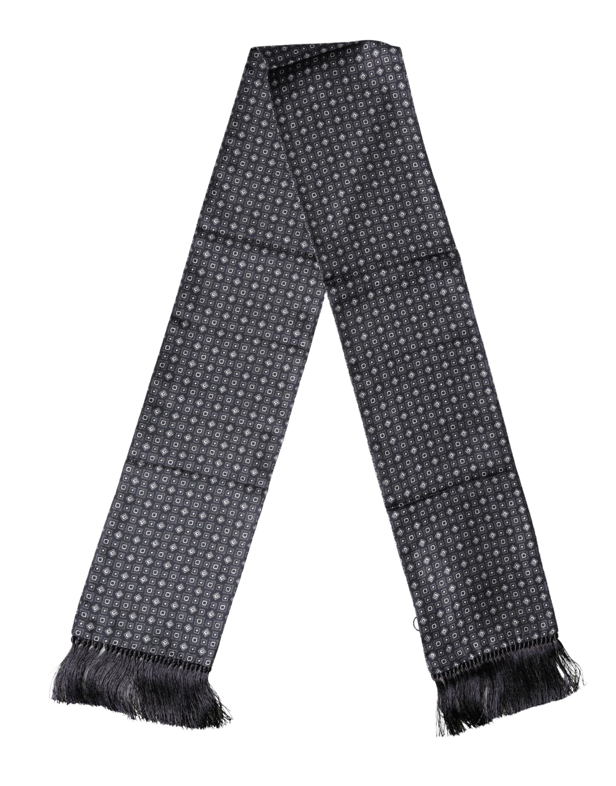 Black Silk Geometric Fringe Wrap Foulard 136cm X 15cm Scarf