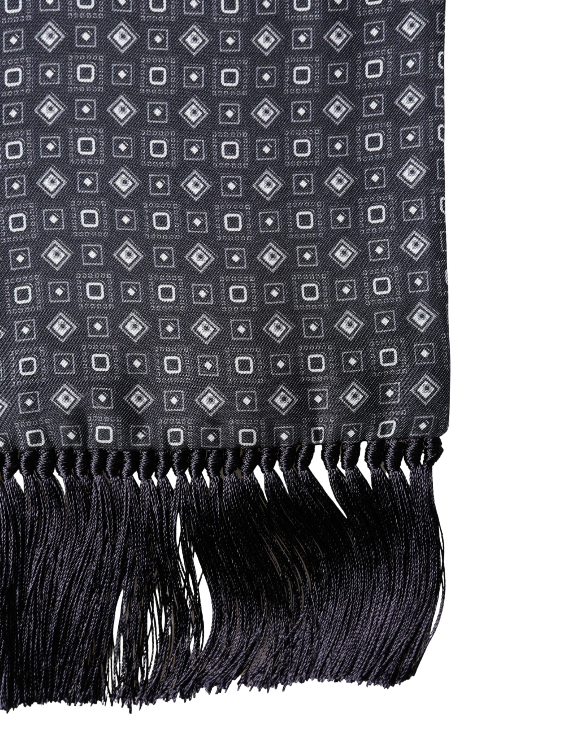 Black Silk Geometric Fringe Wrap Foulard 136cm X 15cm Scarf