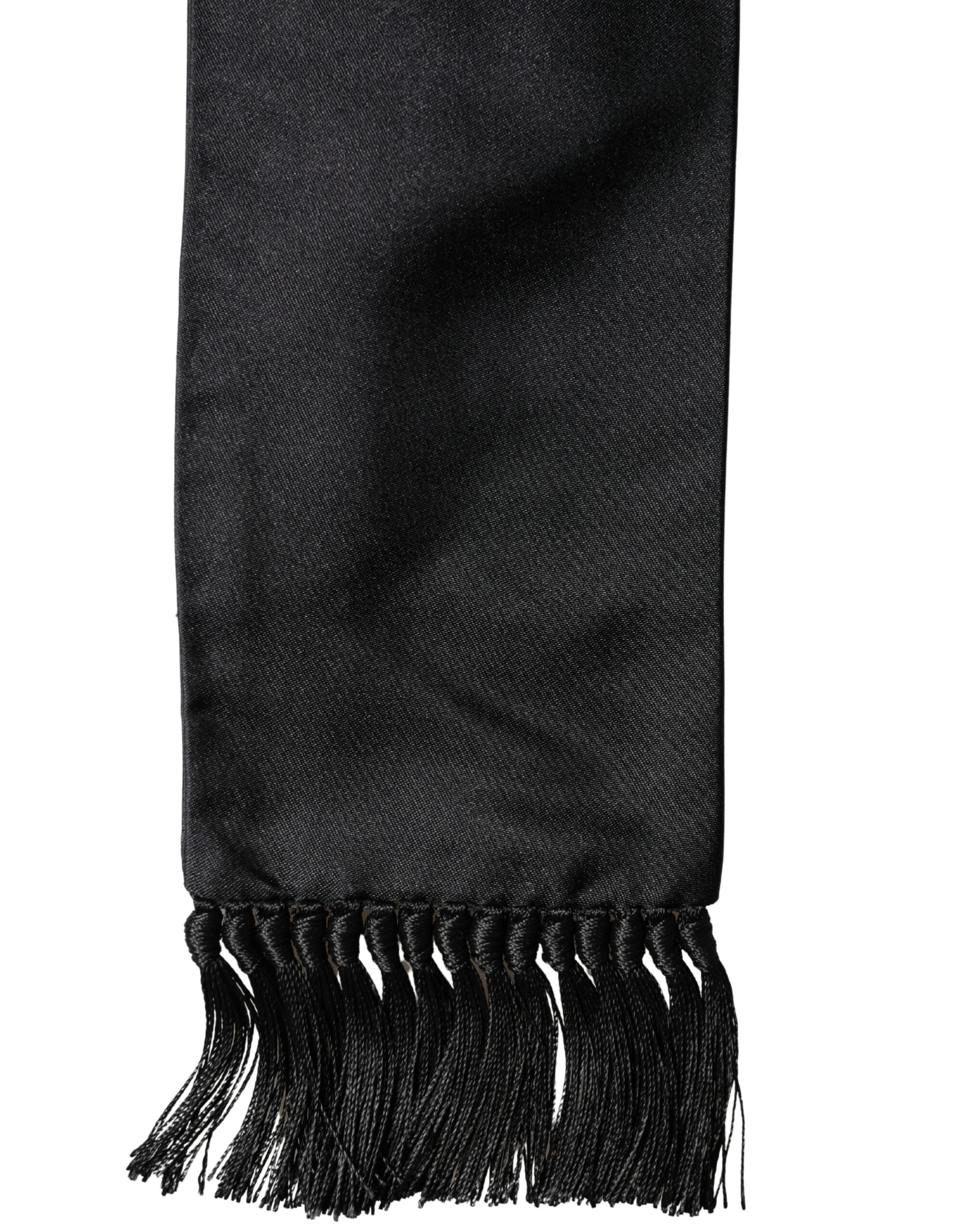Black Silk Fringe Neck Wrap Foulard 160.5cm x 8cm Scarf