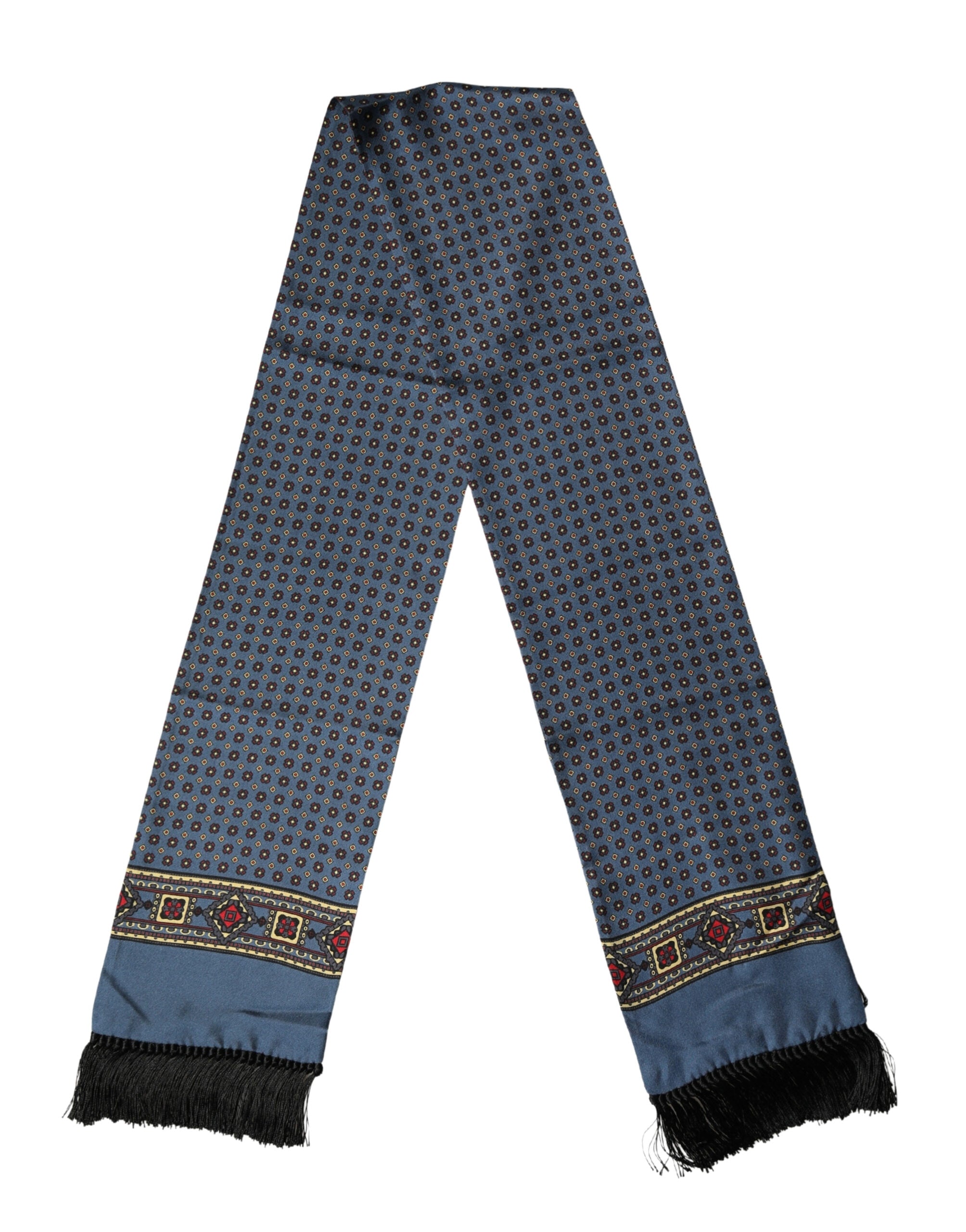 Blue Silk Geometric Fringe Foulard 134cm x 15.5cm Scarf
