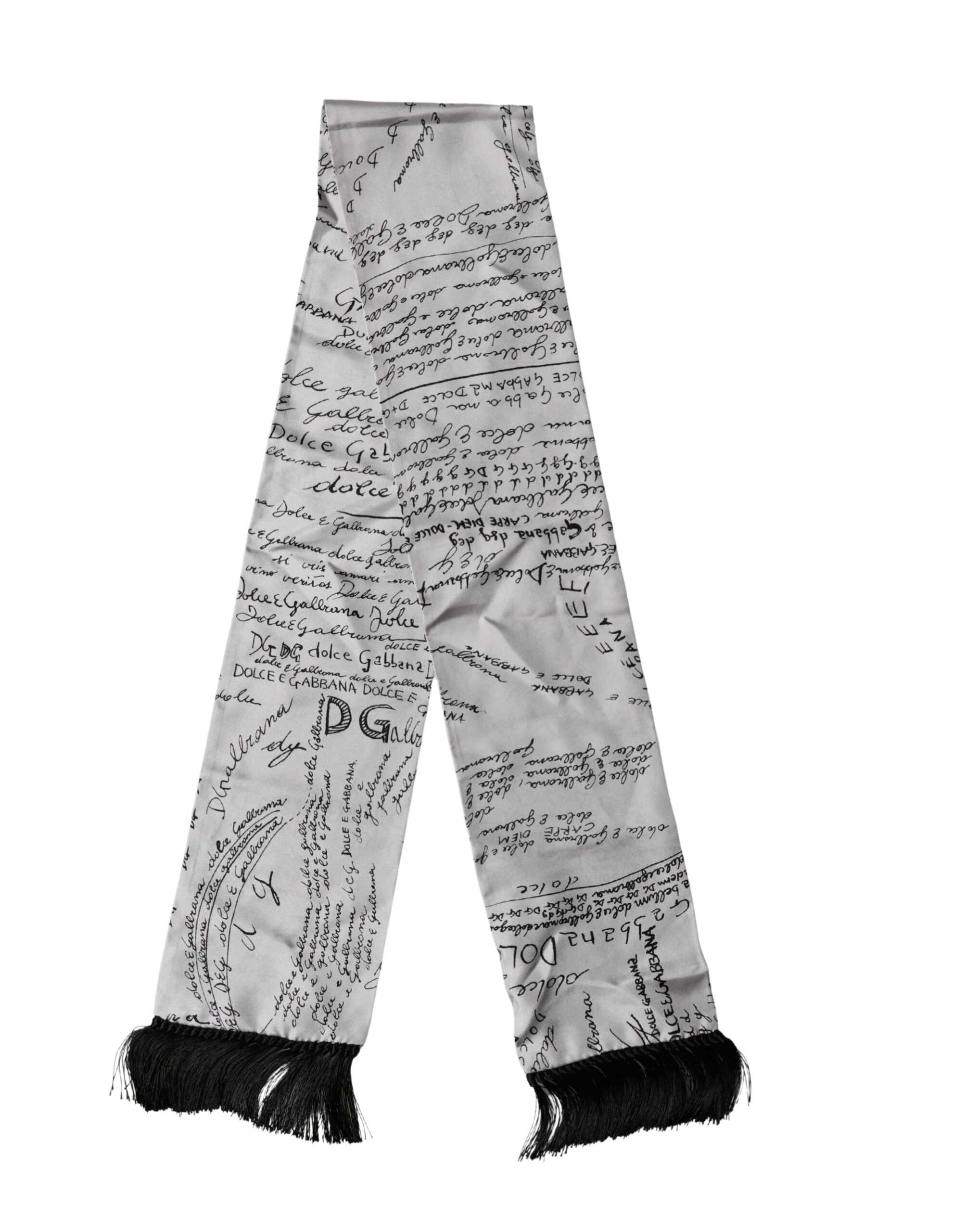 Scarf White Silk Script Logo Print Fringe 150cm x15cm Men