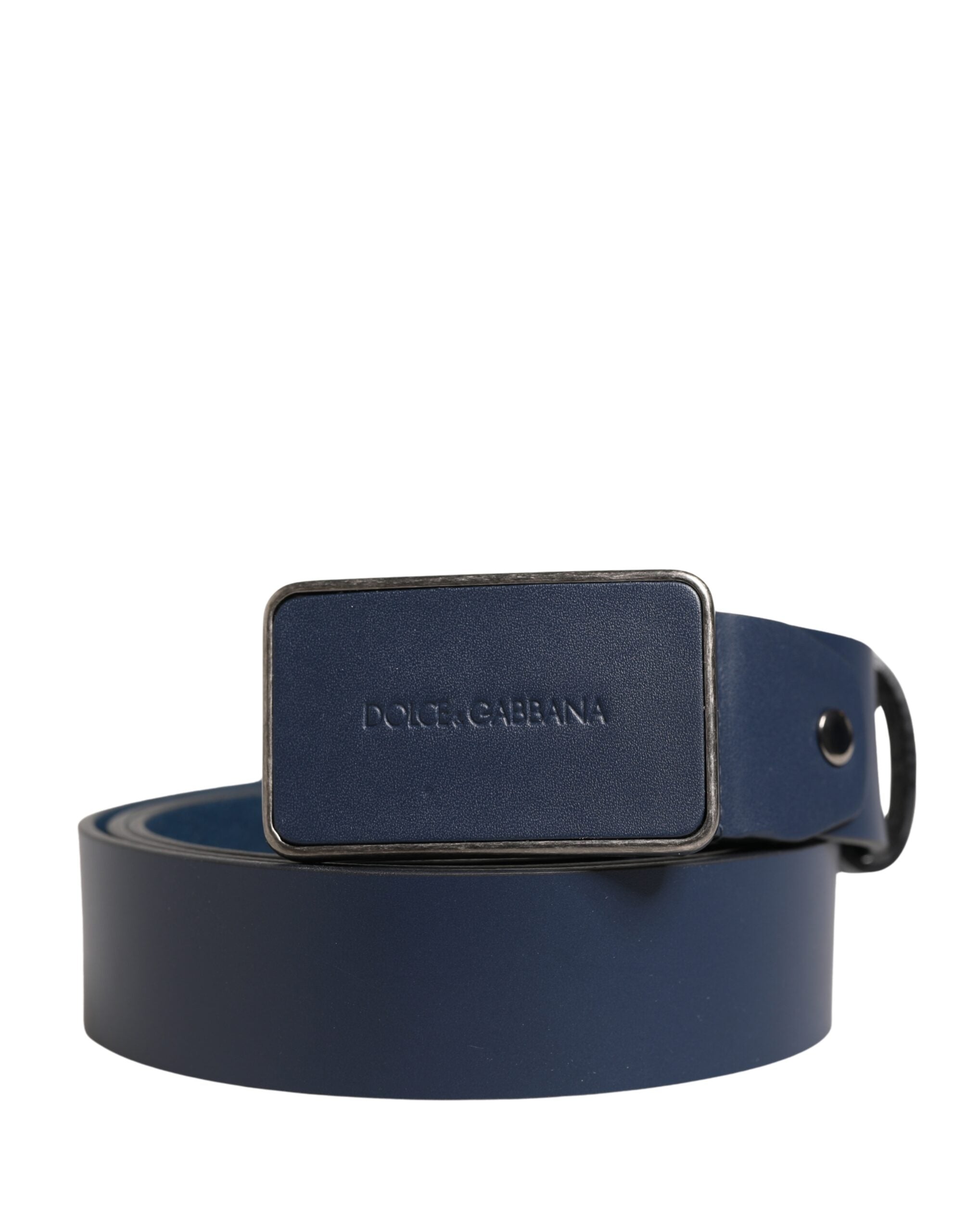 Blue Leather Logo Metal Buckle Men Belt