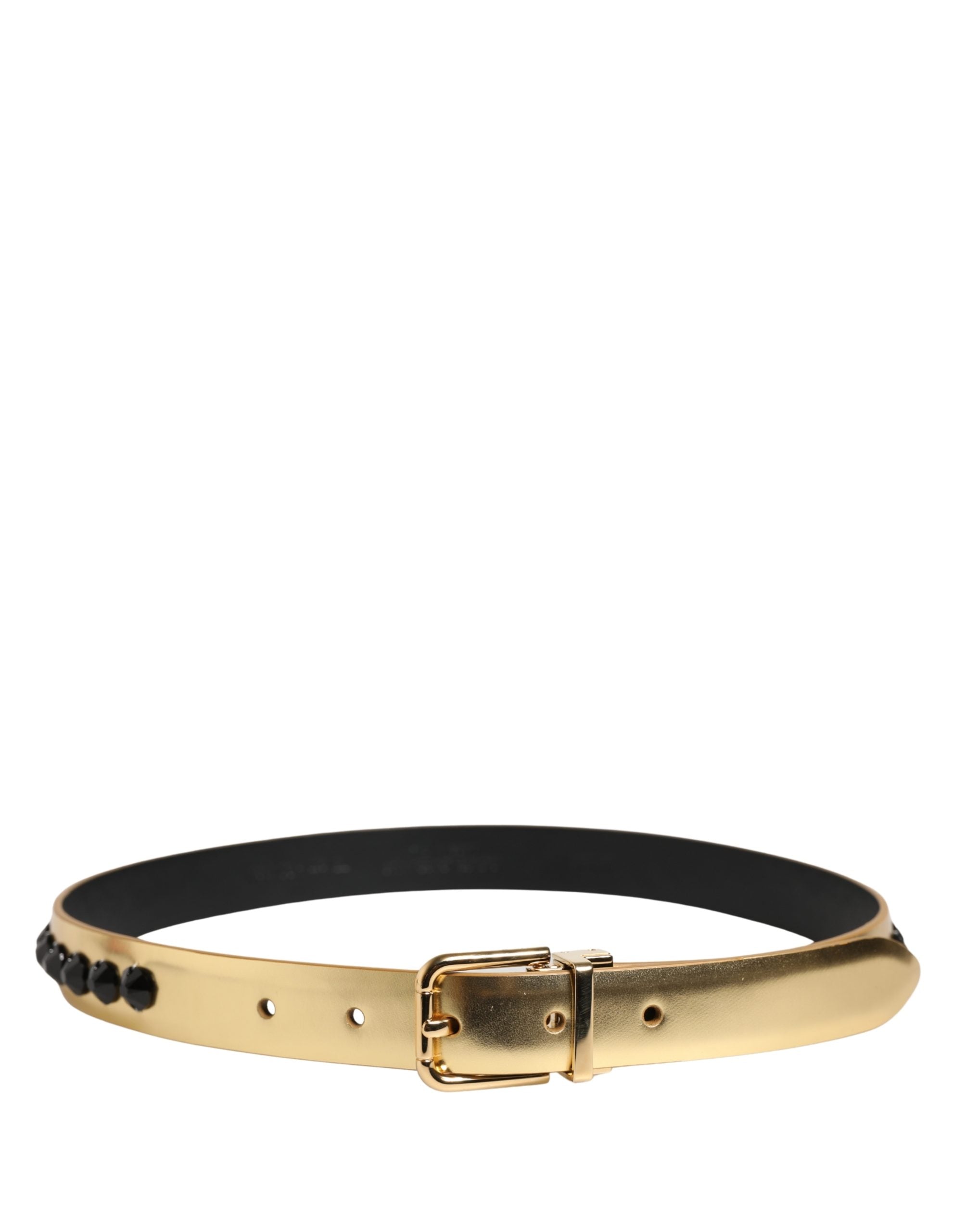 Gold Leather Black Crystals Metal Buckle Belt