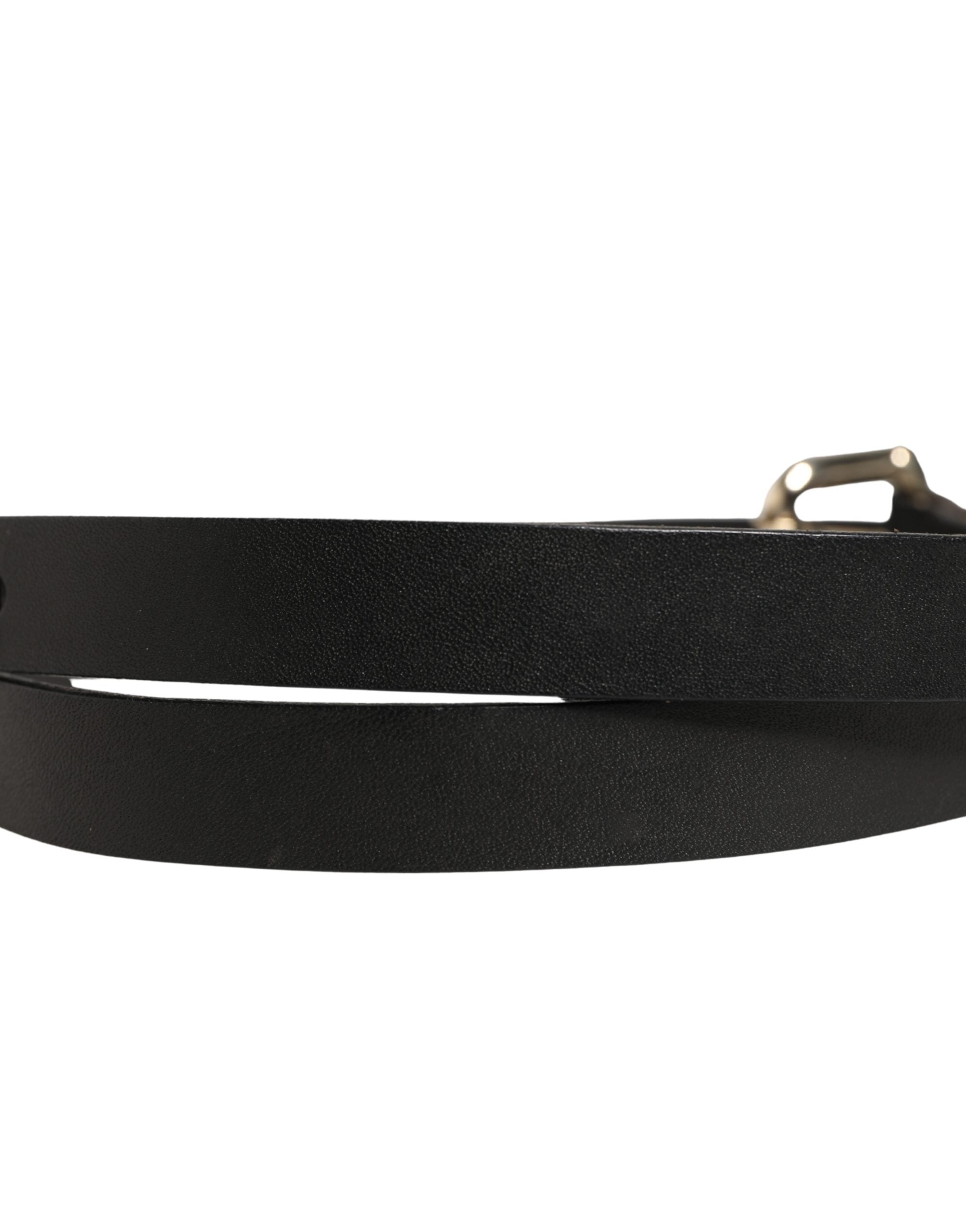Black Leather Slim Gold Tone Buckle Waist Men Belt