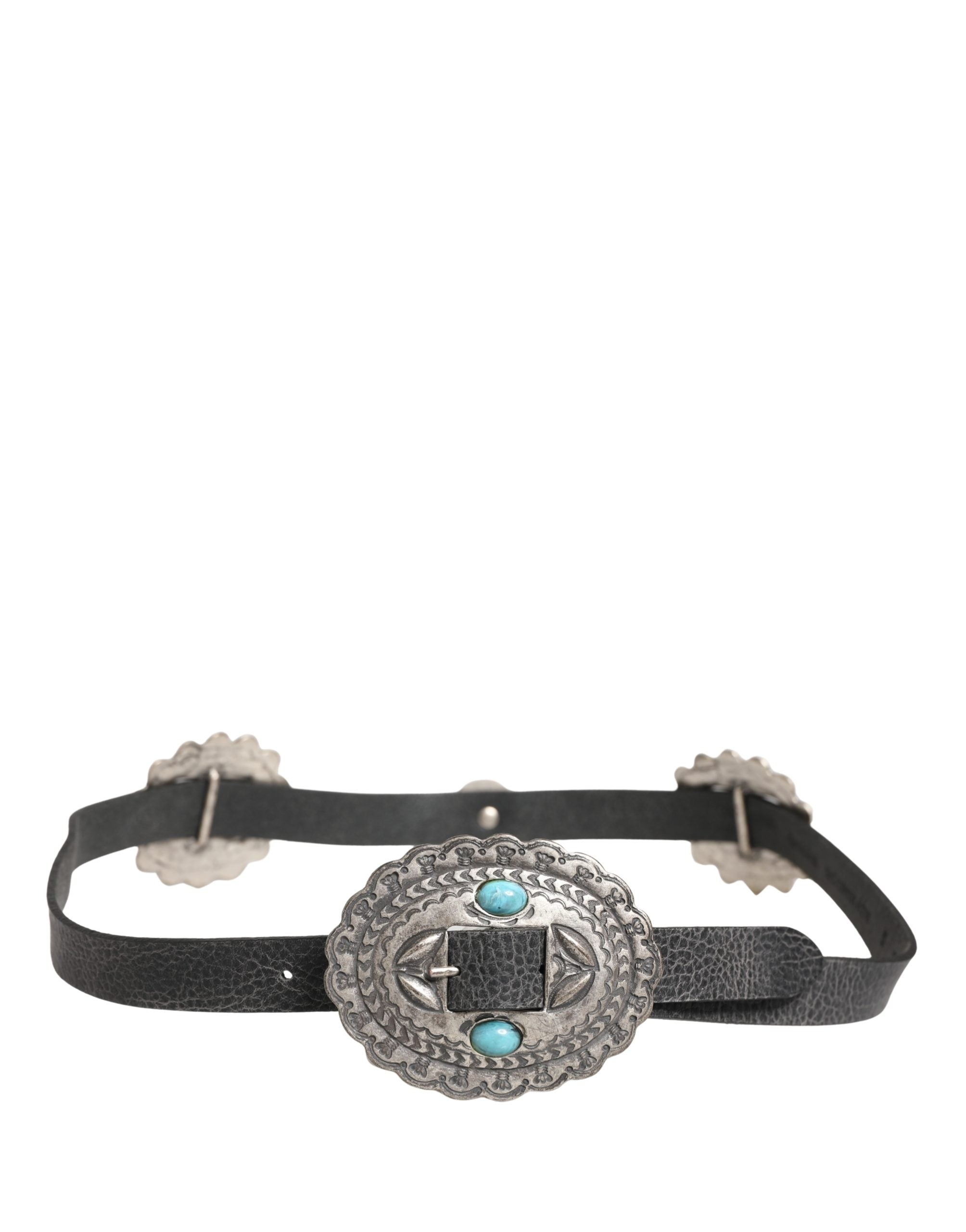 Black Turquoise Leather Embellished Oval Buckle Belt