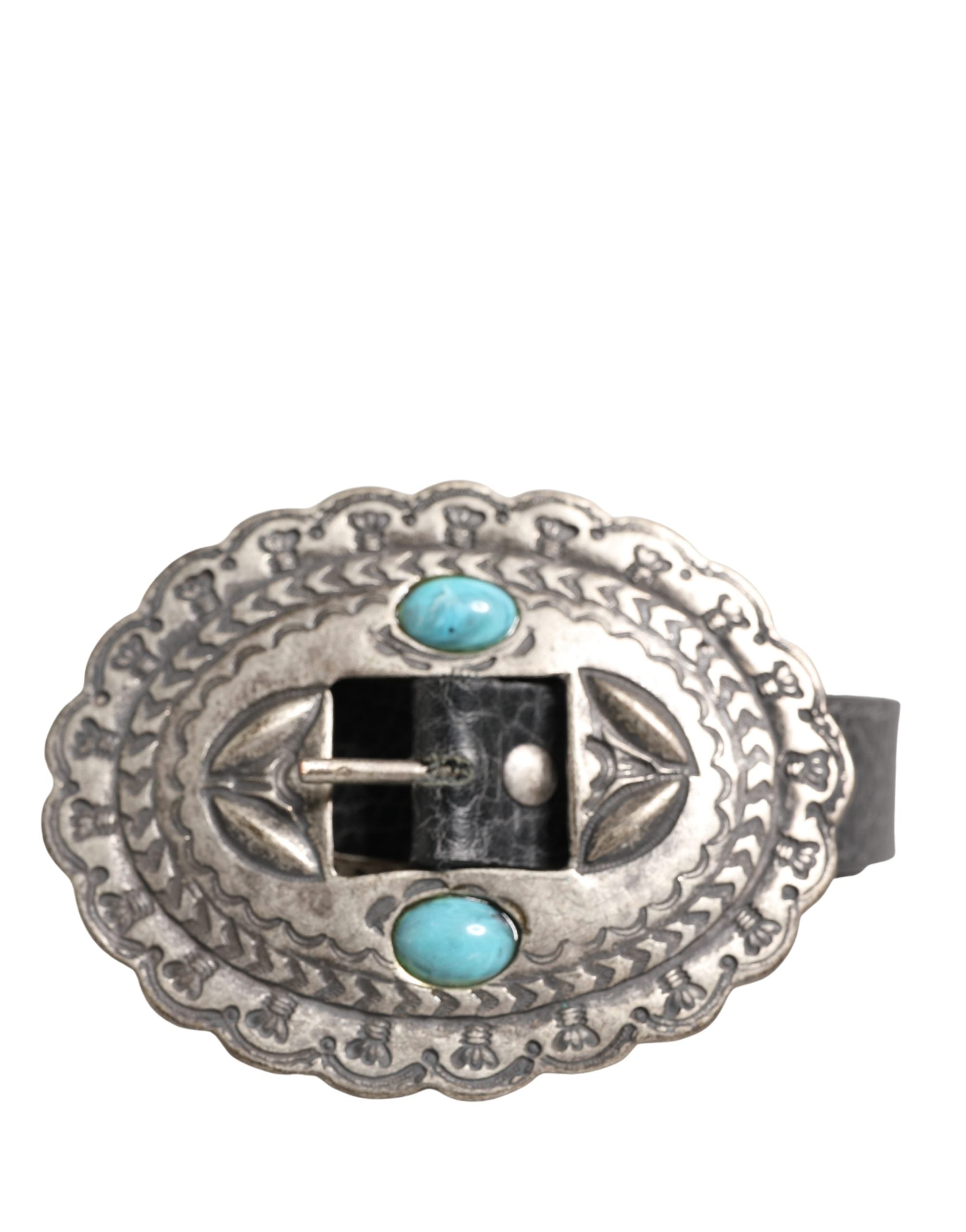 Black Turquoise Leather Embellished Oval Buckle Belt