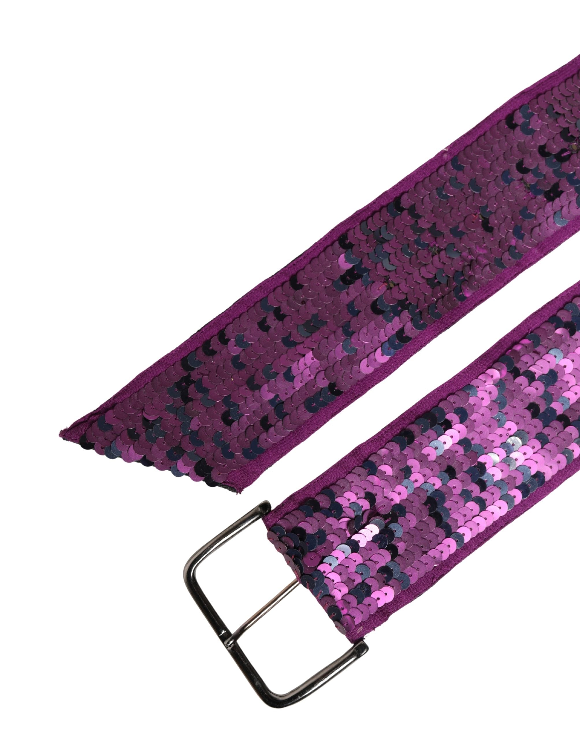 Women Purple Sequined Silver Metal Buckle Belt