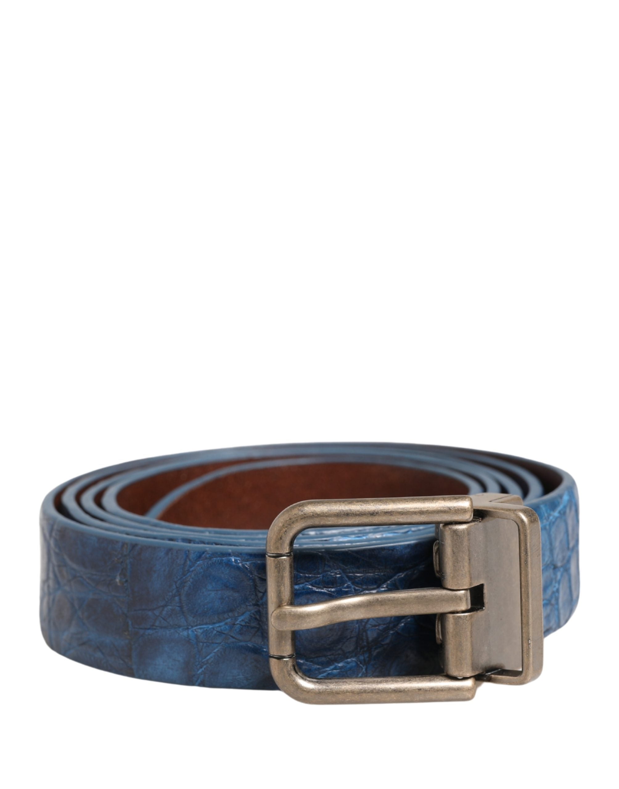 Navy Blue Leather Gold Tone Metal Buckle Belt