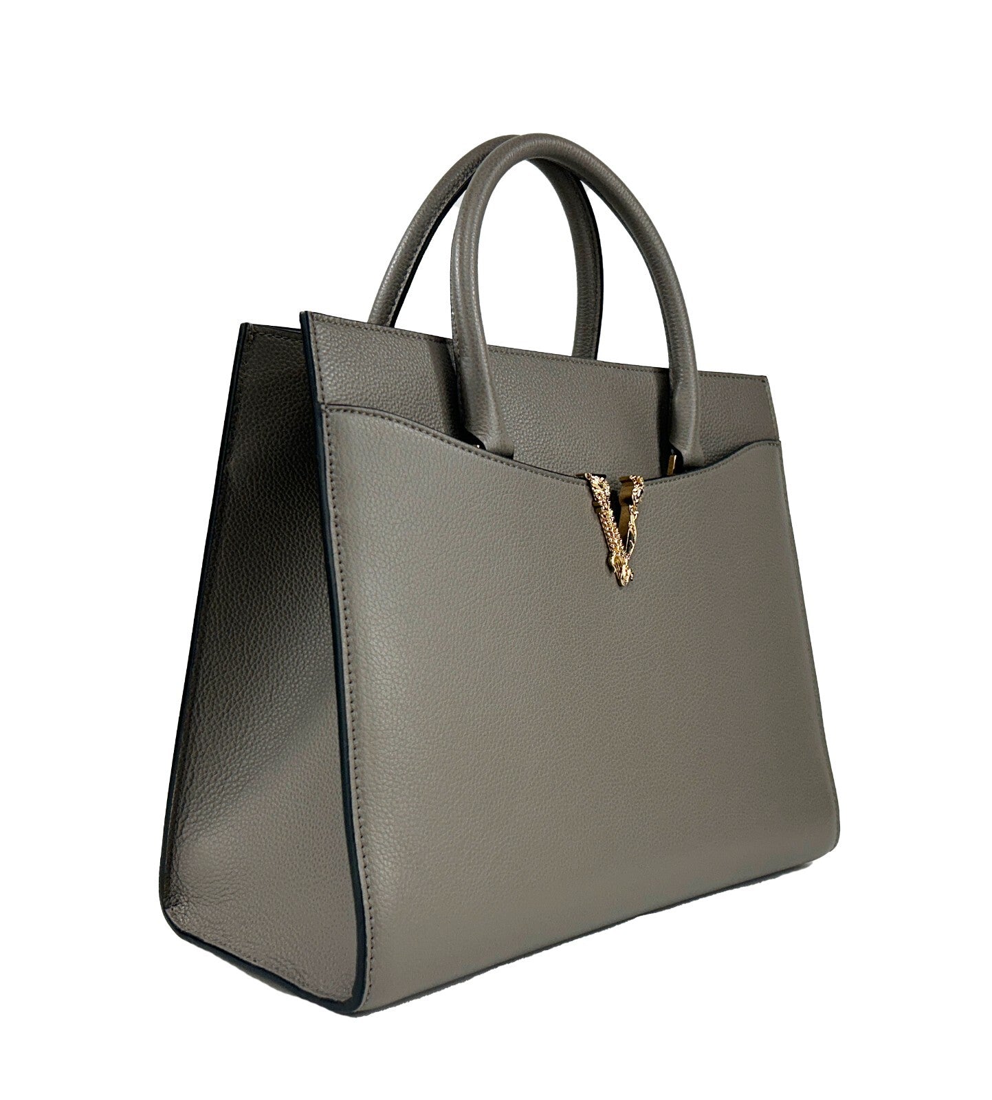 Versace Virtus Large Leather Top Handle Satchel Bag Tote Gray
