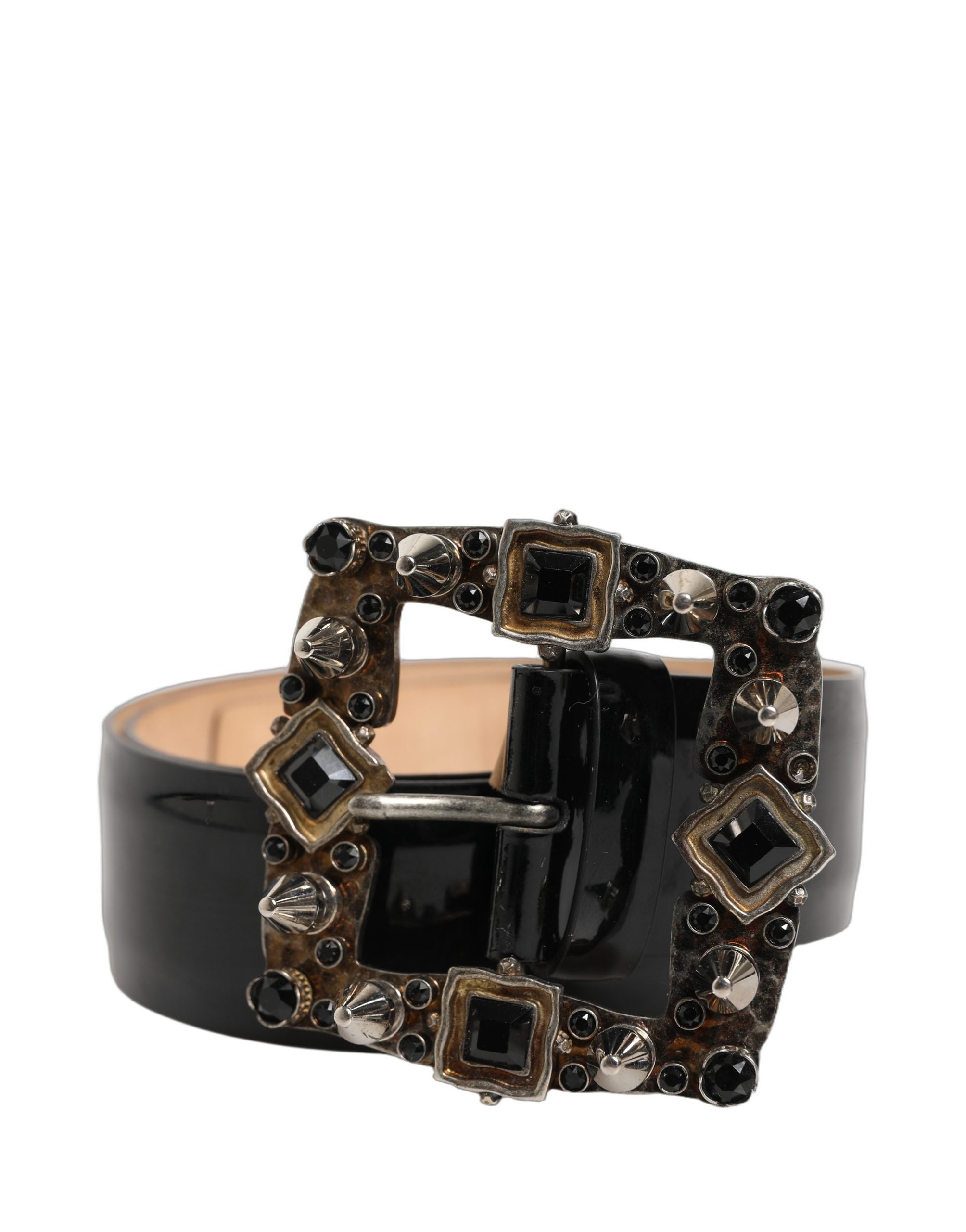 Black Leather Crystal Metal Buckle Belt