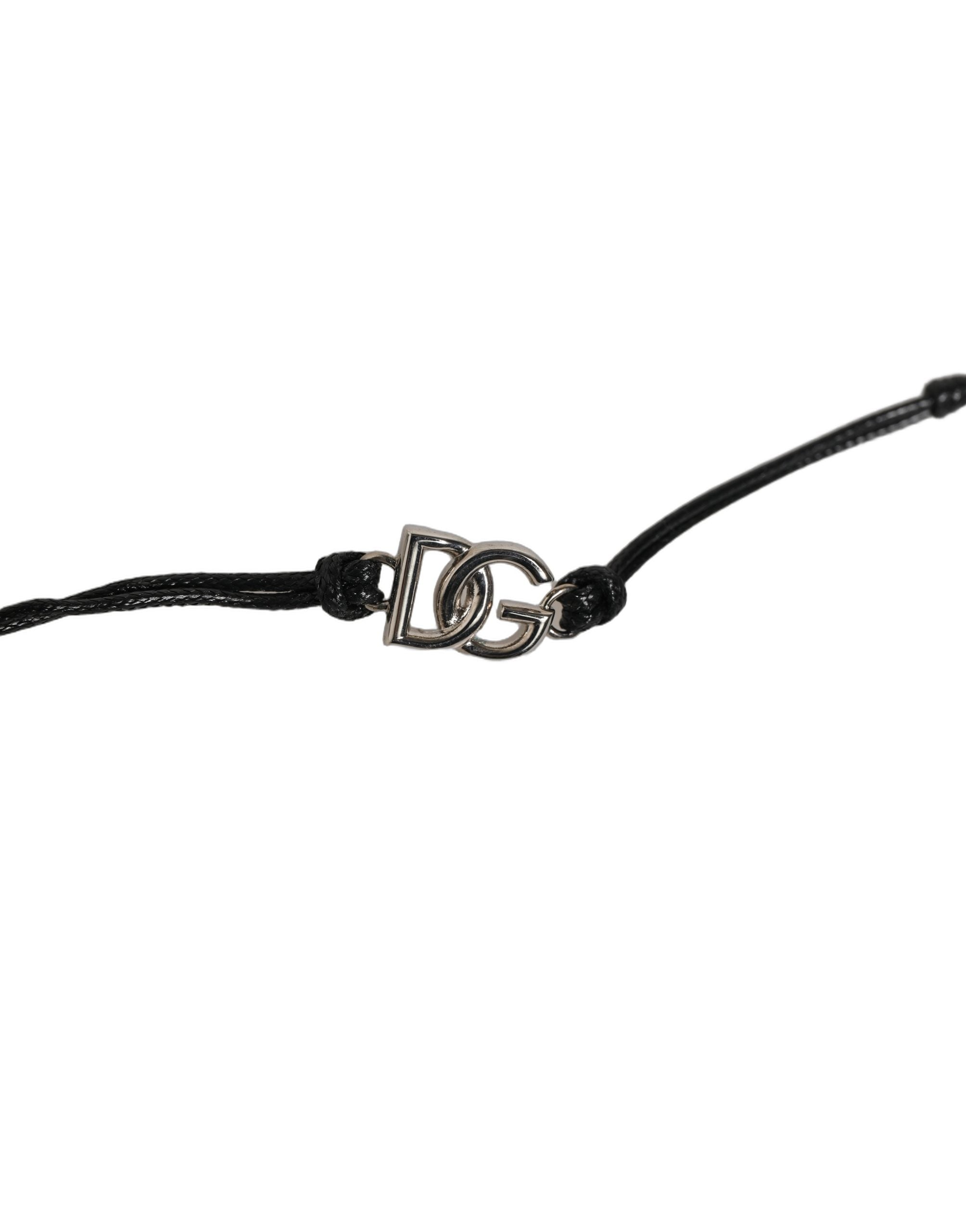 Black Polyester Cord Silver Tone DG Logo Charm Bracelet