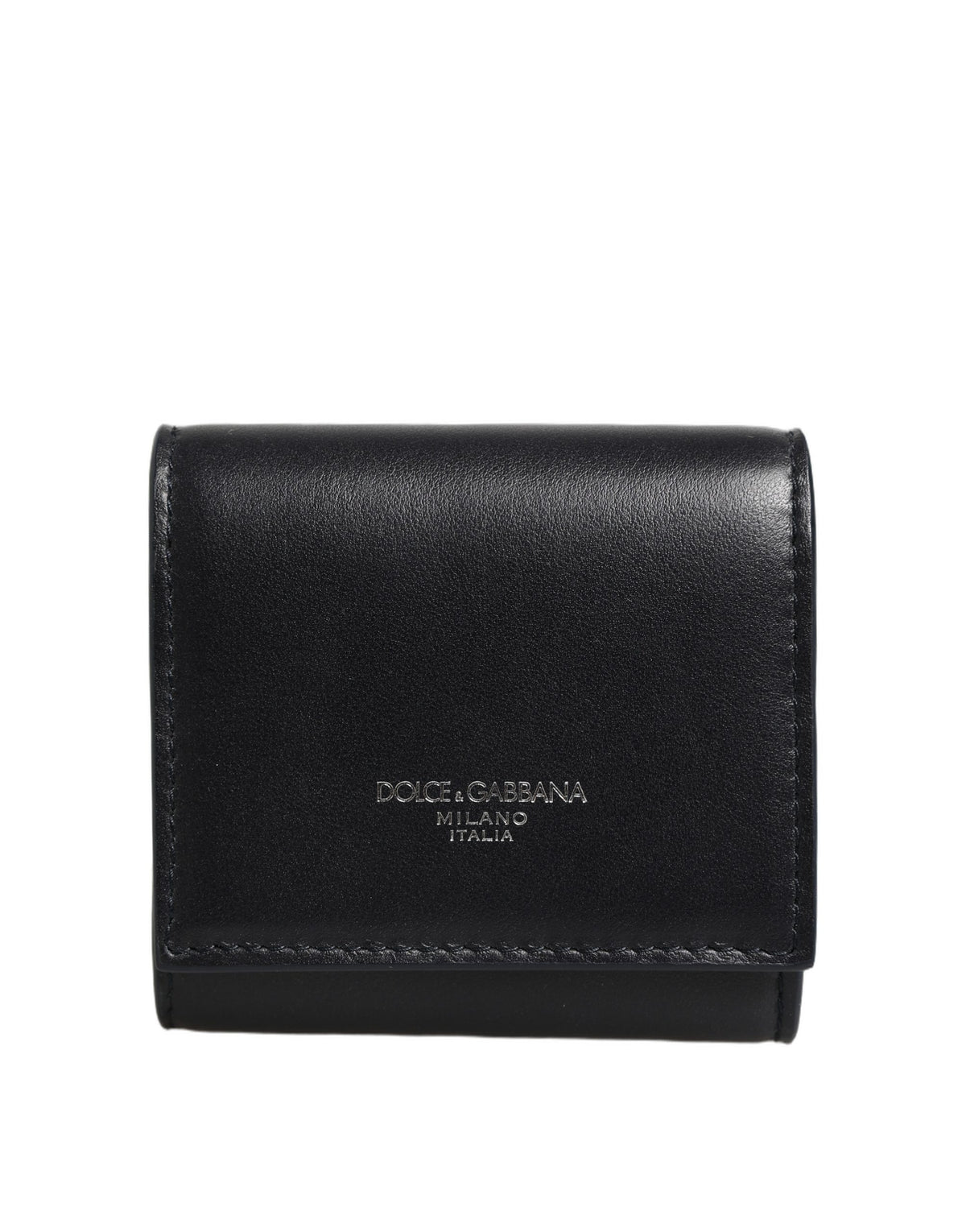 Black Calfskin Leather Logo Print Bifold CoinPurse Wallet