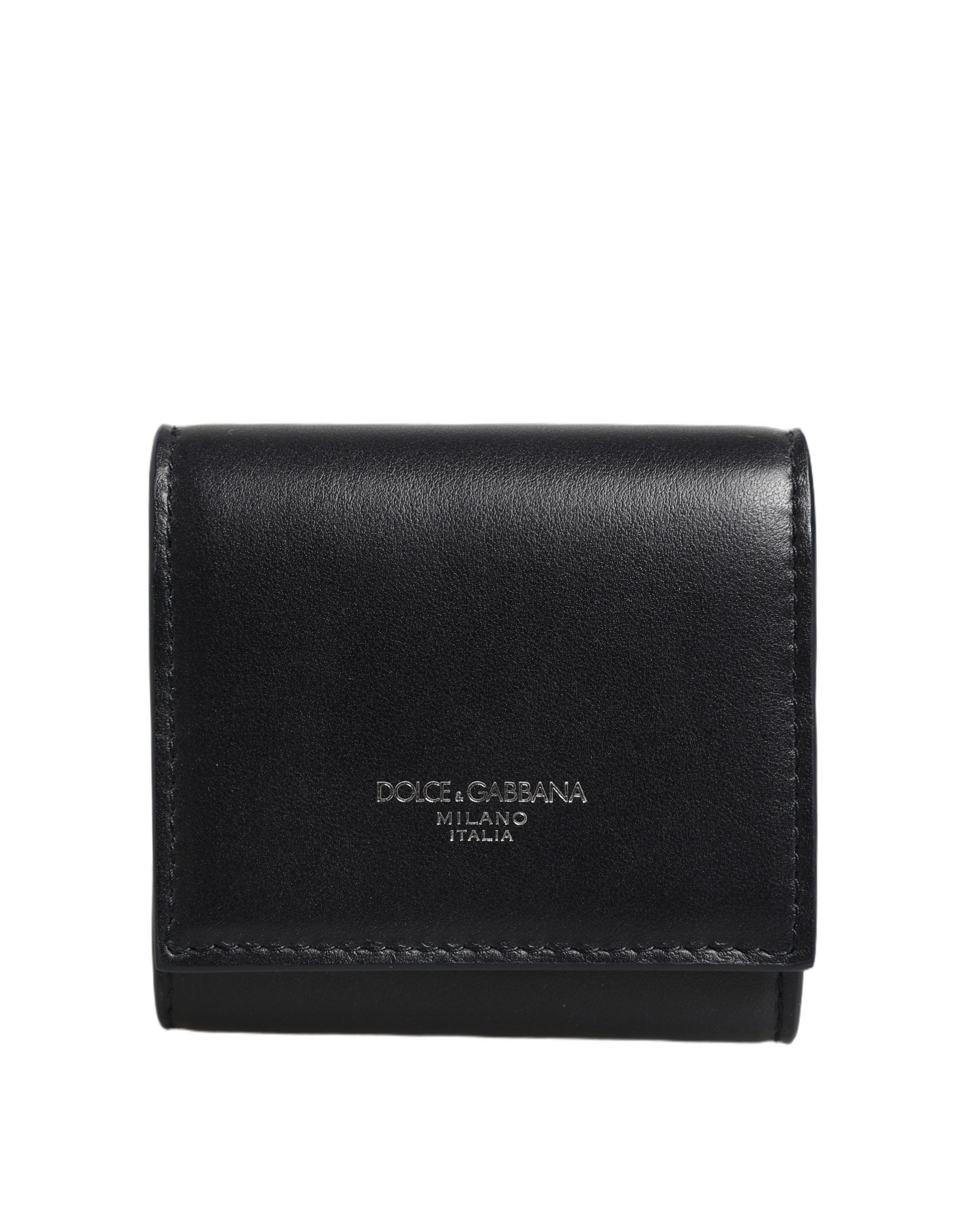 Black Calfskin Leather Logo Print Bifold CoinPurse Wallet