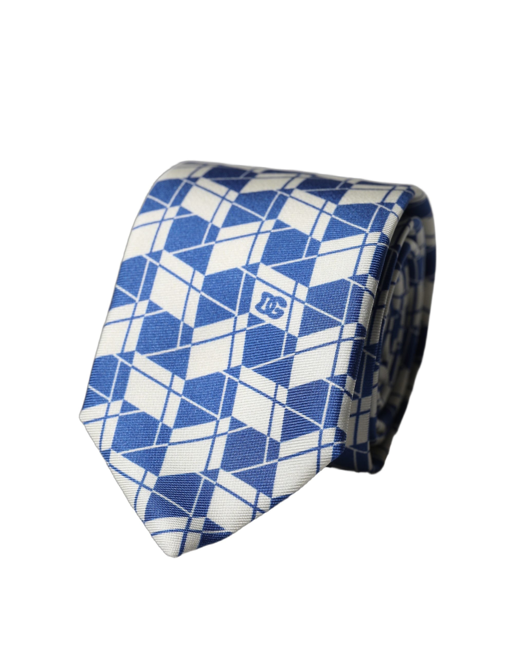 Blue White Geometric Silk Adjustable Men Tied Necktie Tie