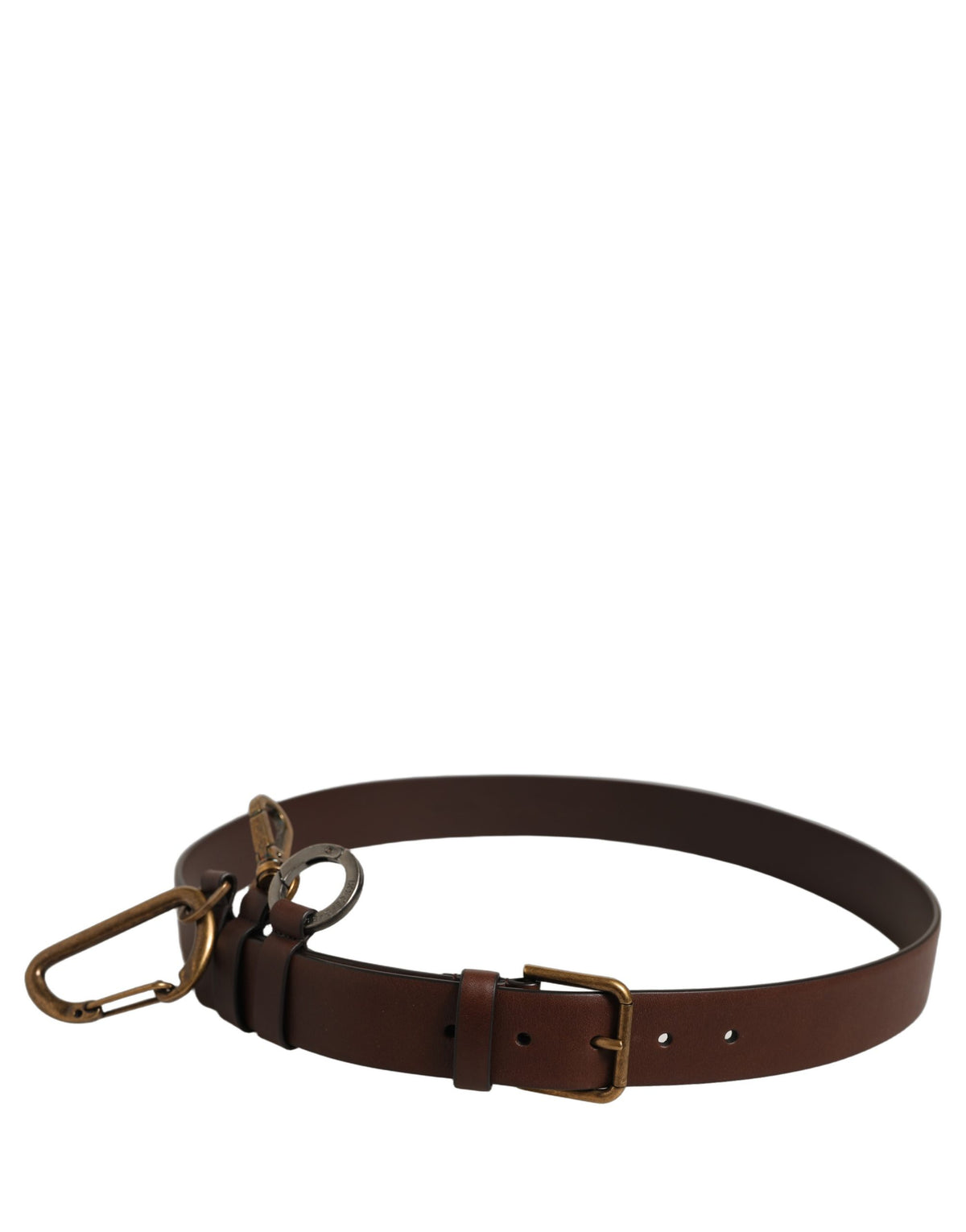Men Brown Leather Gold Buckle Carabine Belt