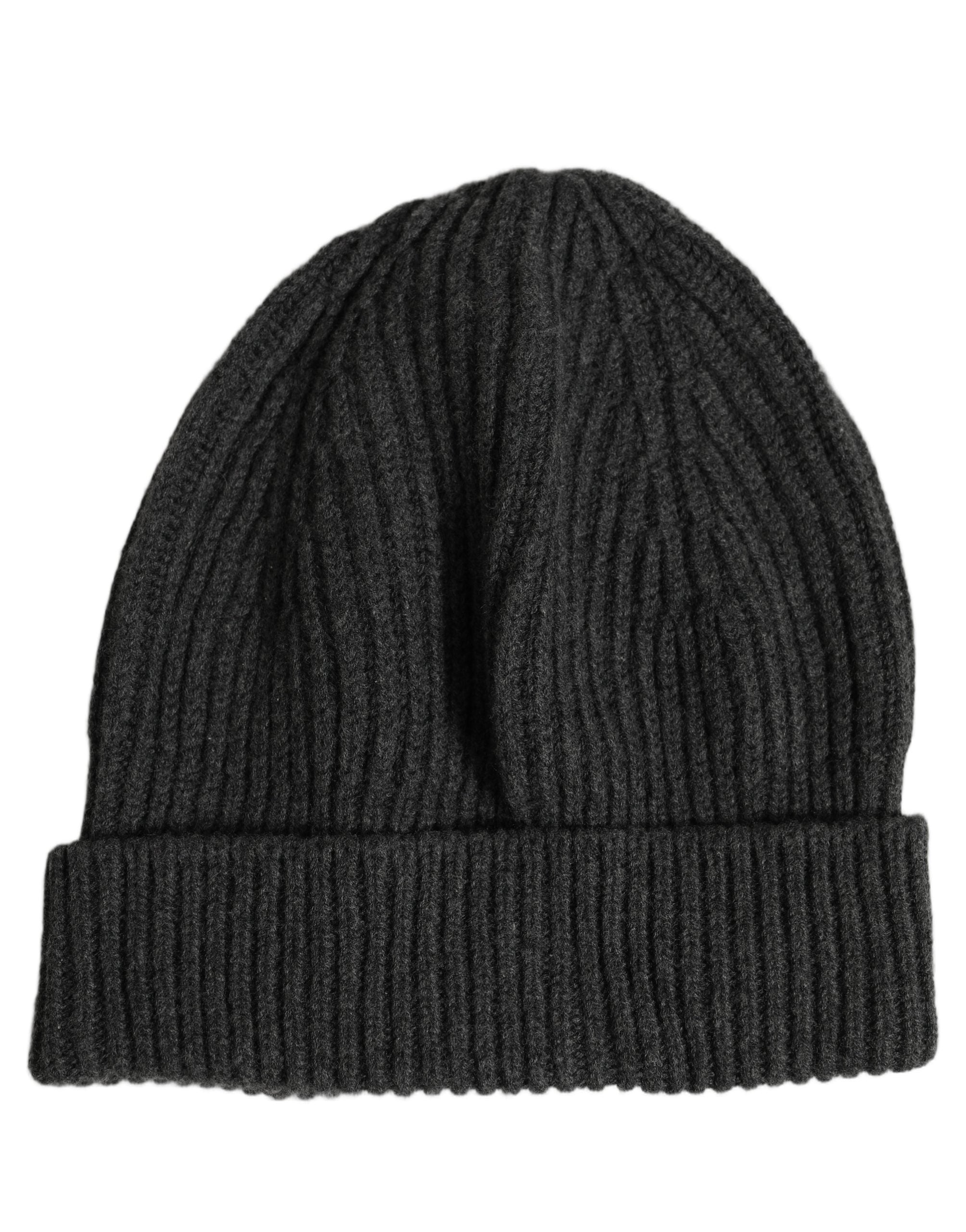 Men Charcoal Grey Ribbed Wool Knit Beanie One Size Hat