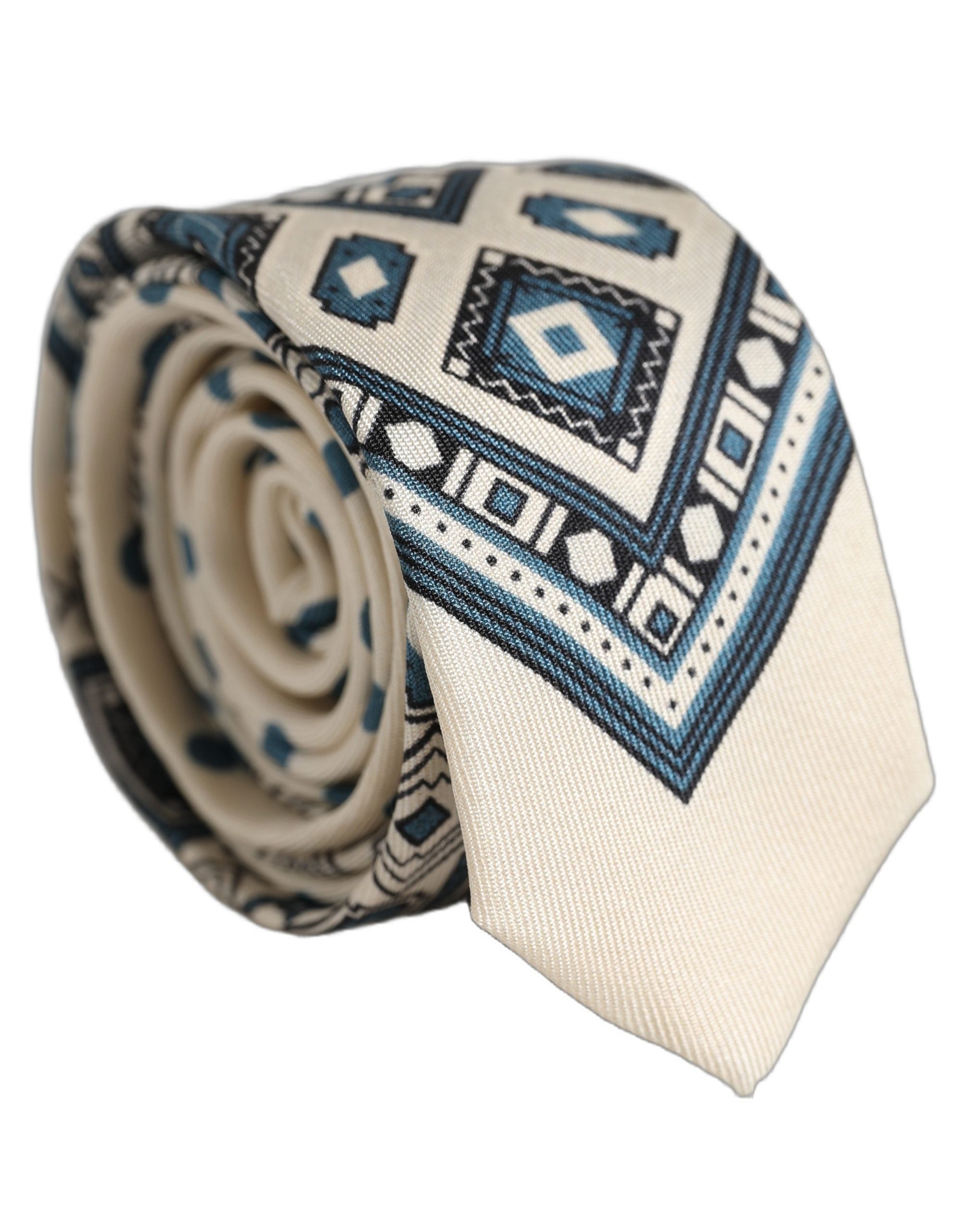 Men Off White Blue Geometric Adjustable Tied Necktie Tie