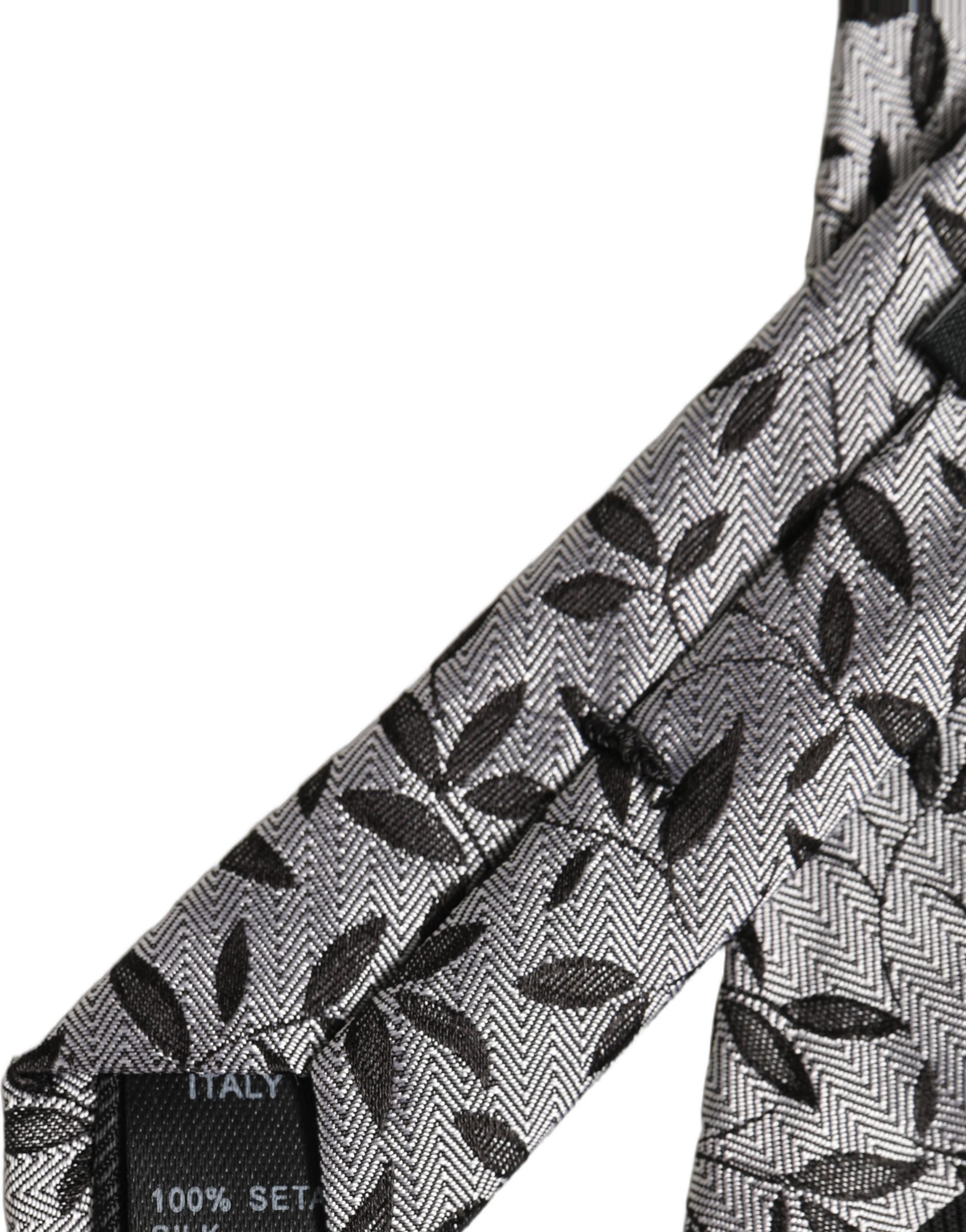 Men Gray Leaf Pattern Silk Adjustable Tied Necktie Tie