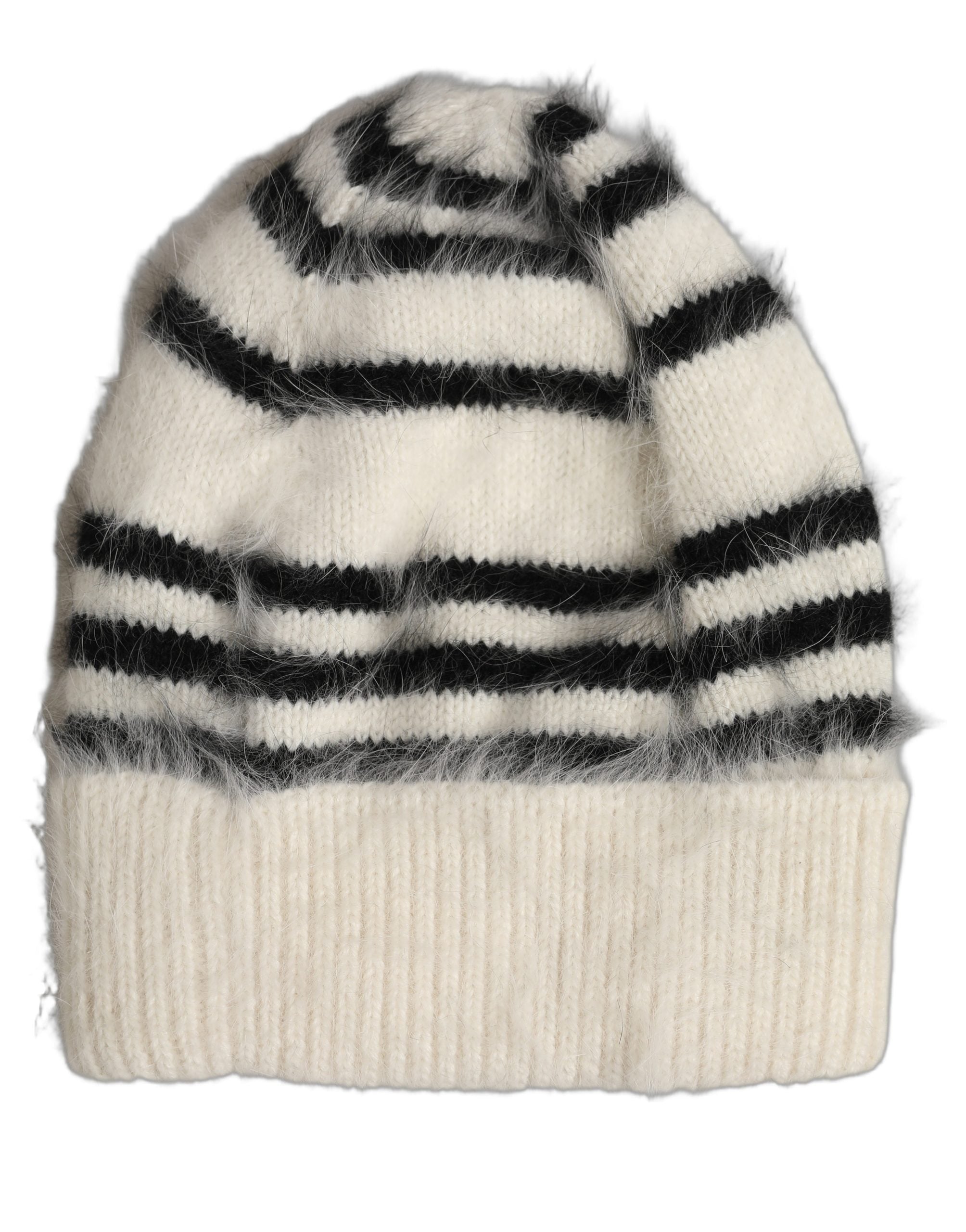 Black White Striped Angora Knitted Beanie One Size Hat