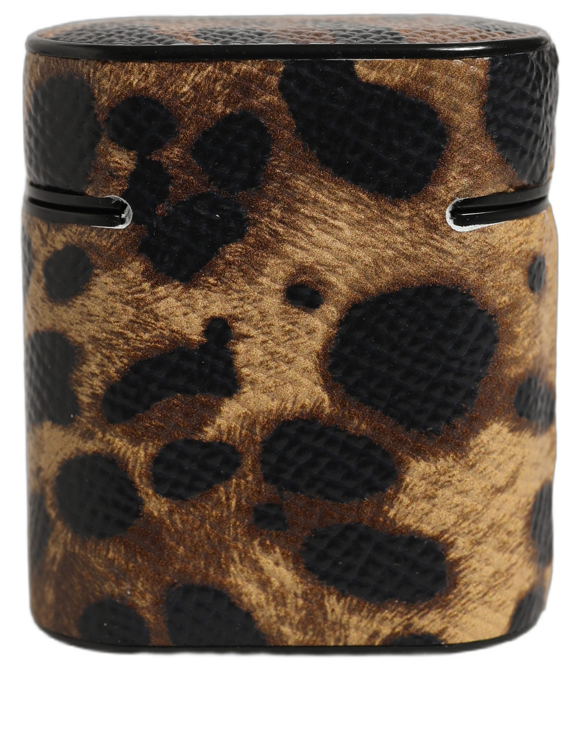 Brown Leopard Calf Leather Metal Logo Plaque Airpods Case