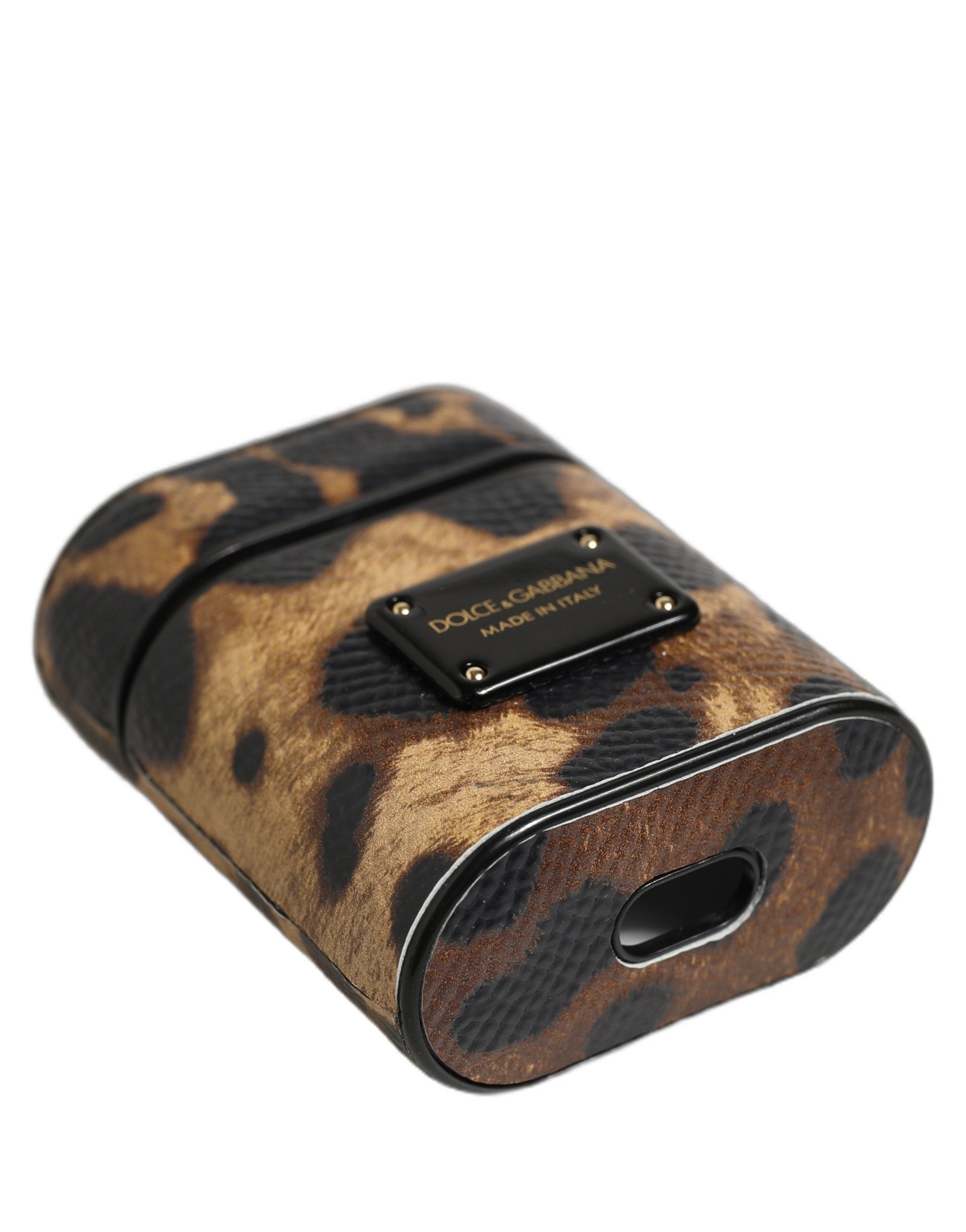 Brown Leopard Calf Leather Metal Logo Plaque Airpods Case