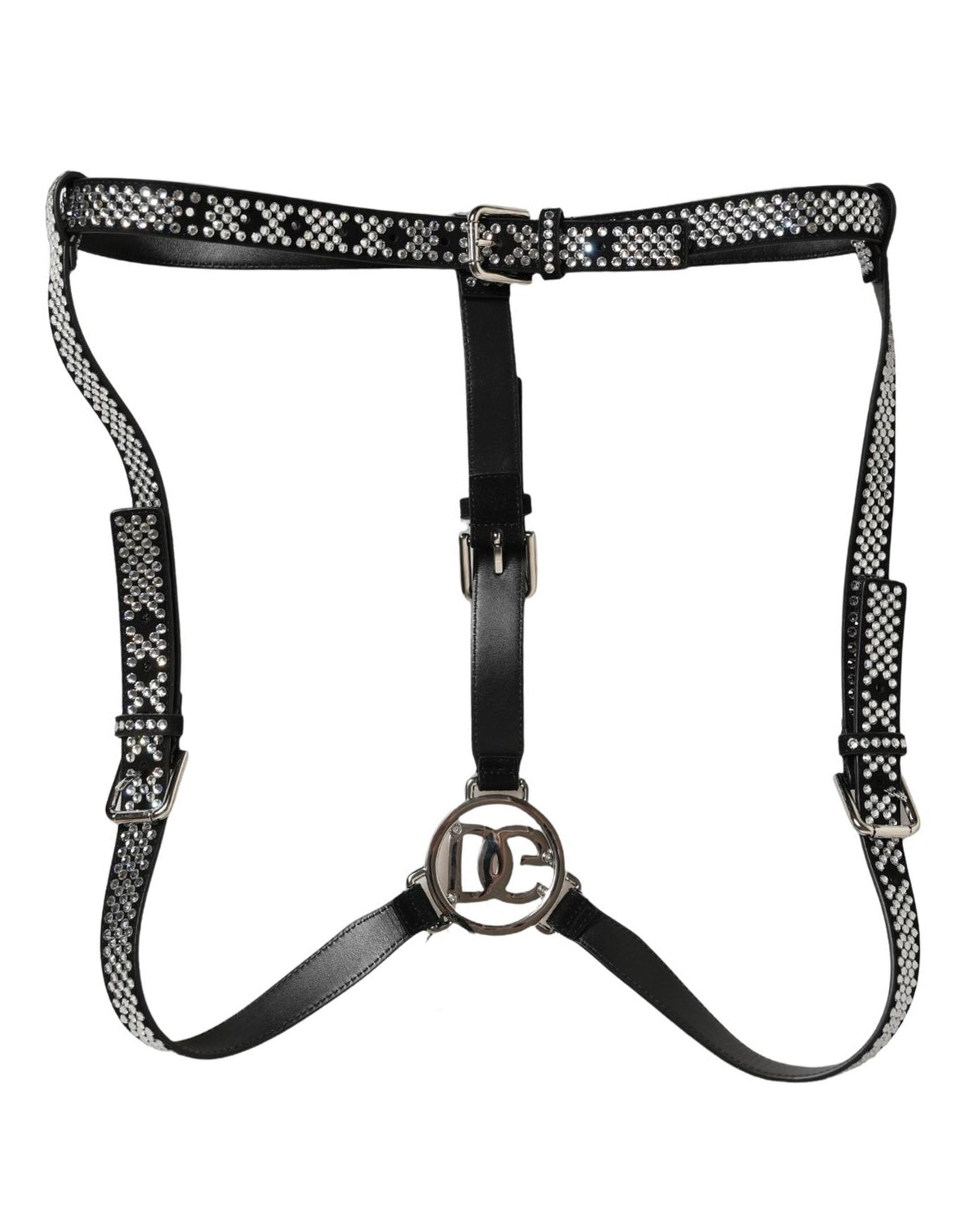 Black Leather Rhinestones Embellished Men Suspender