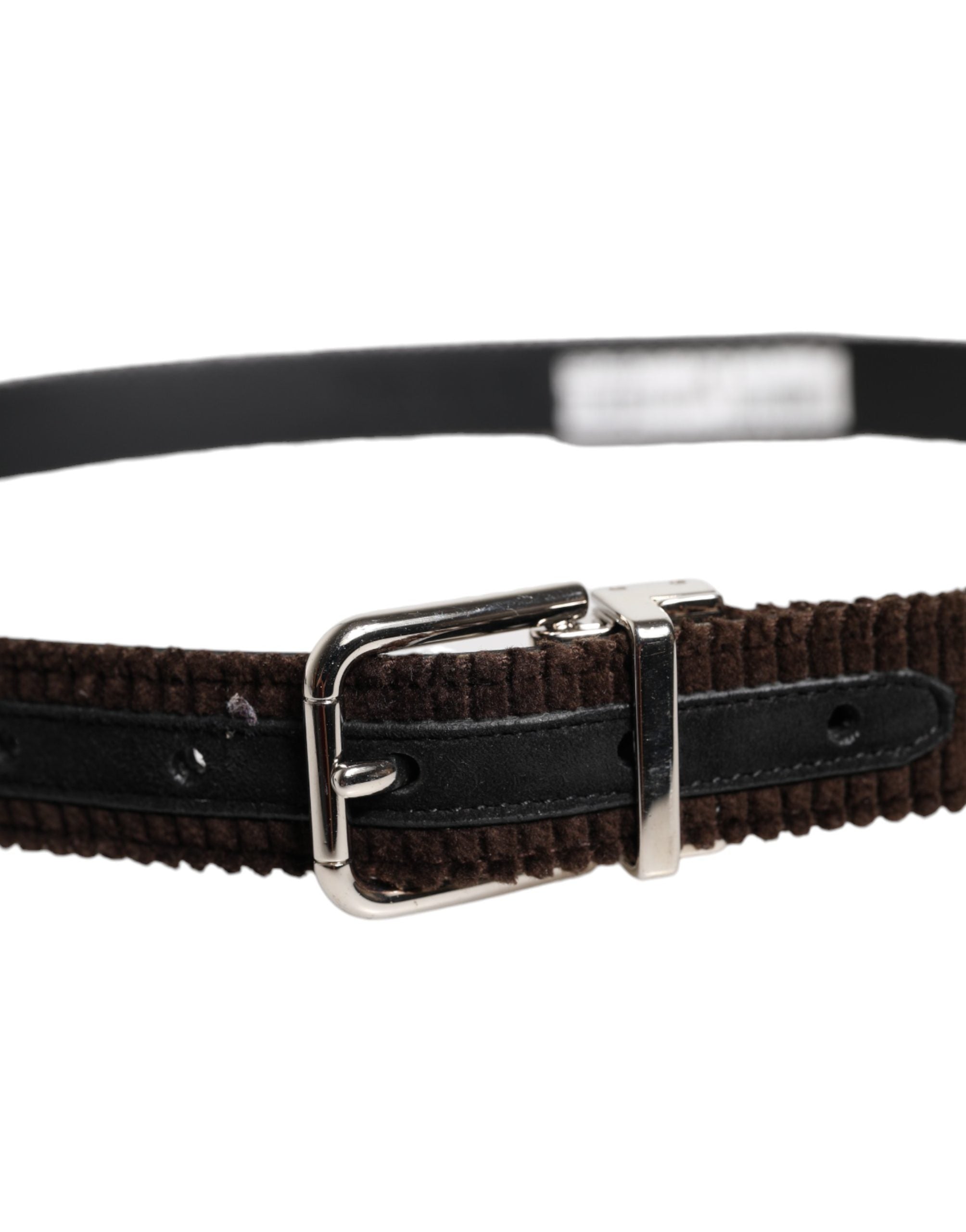 Men Brown Velvet Ridged Silver Buckle Belt