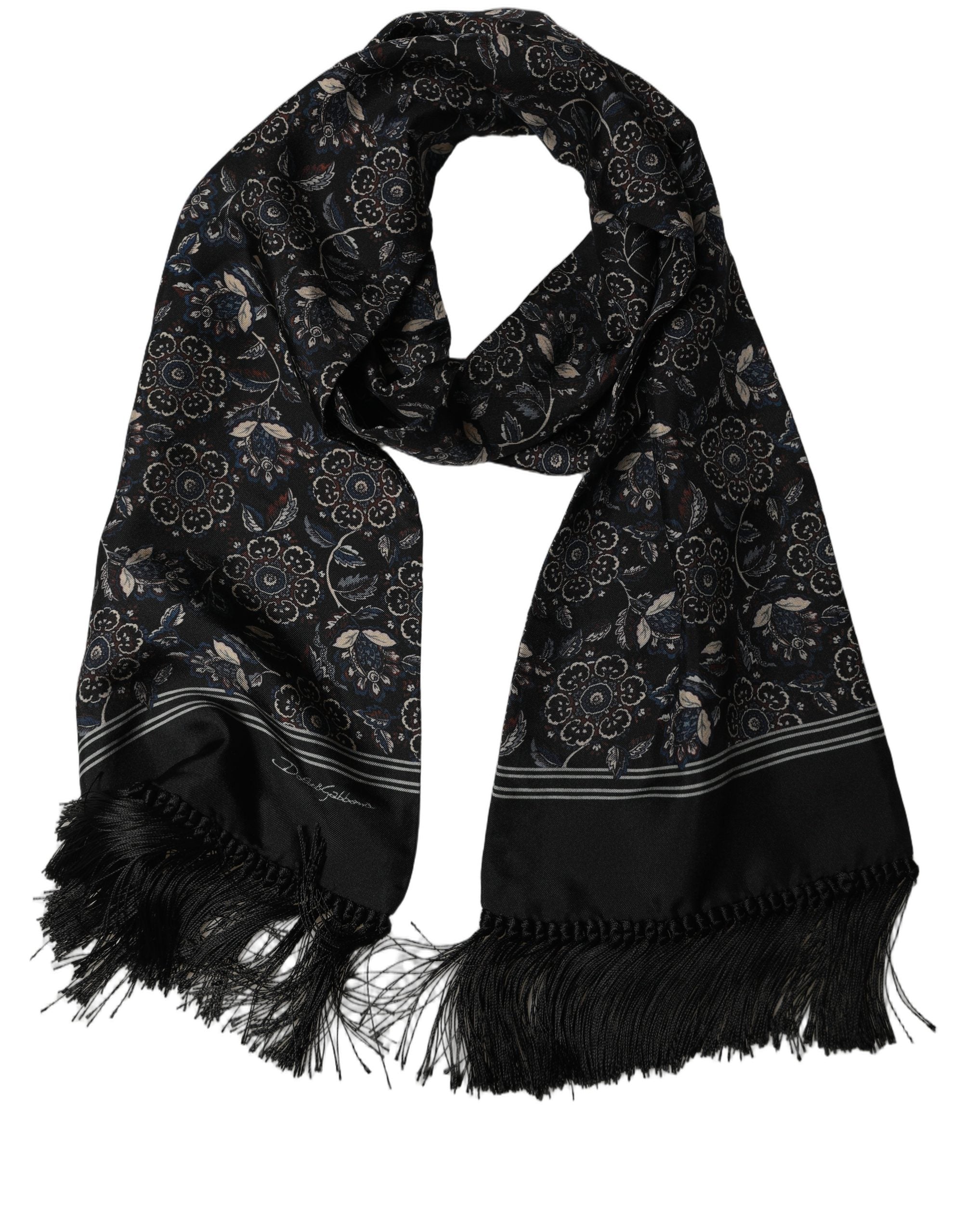Black Silk Floral Paisley Fringed Shawl Scarf