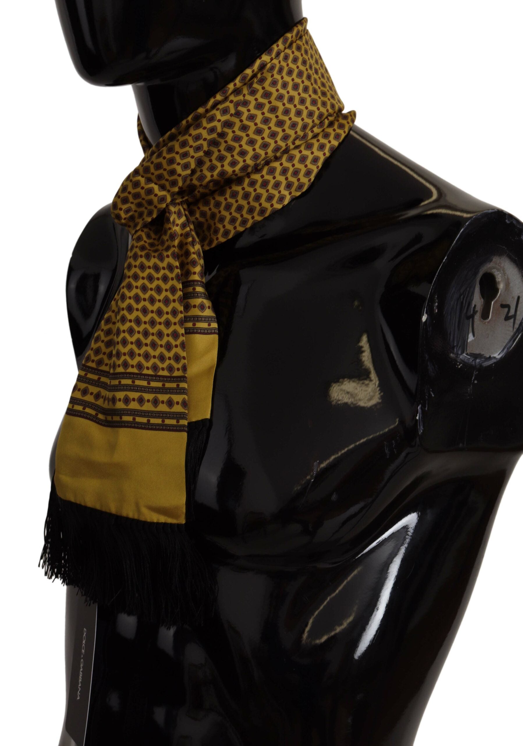 Yellow Patterned Silk Neck Wrap Fringe Scarf