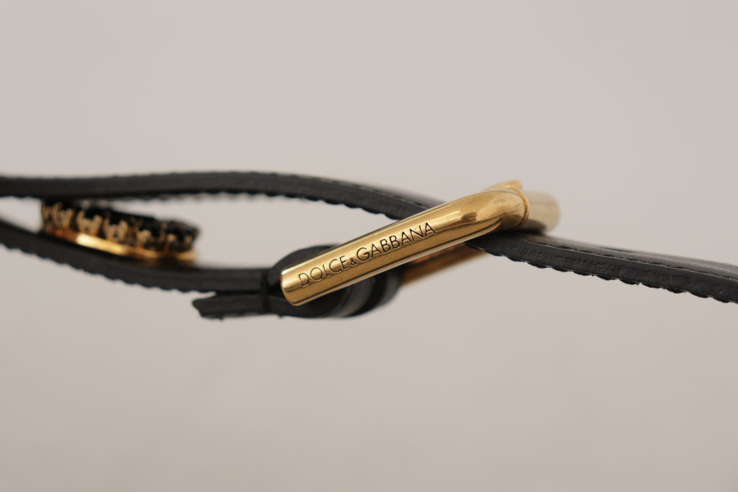 Black Leather Embellished Crystal Logo Belt