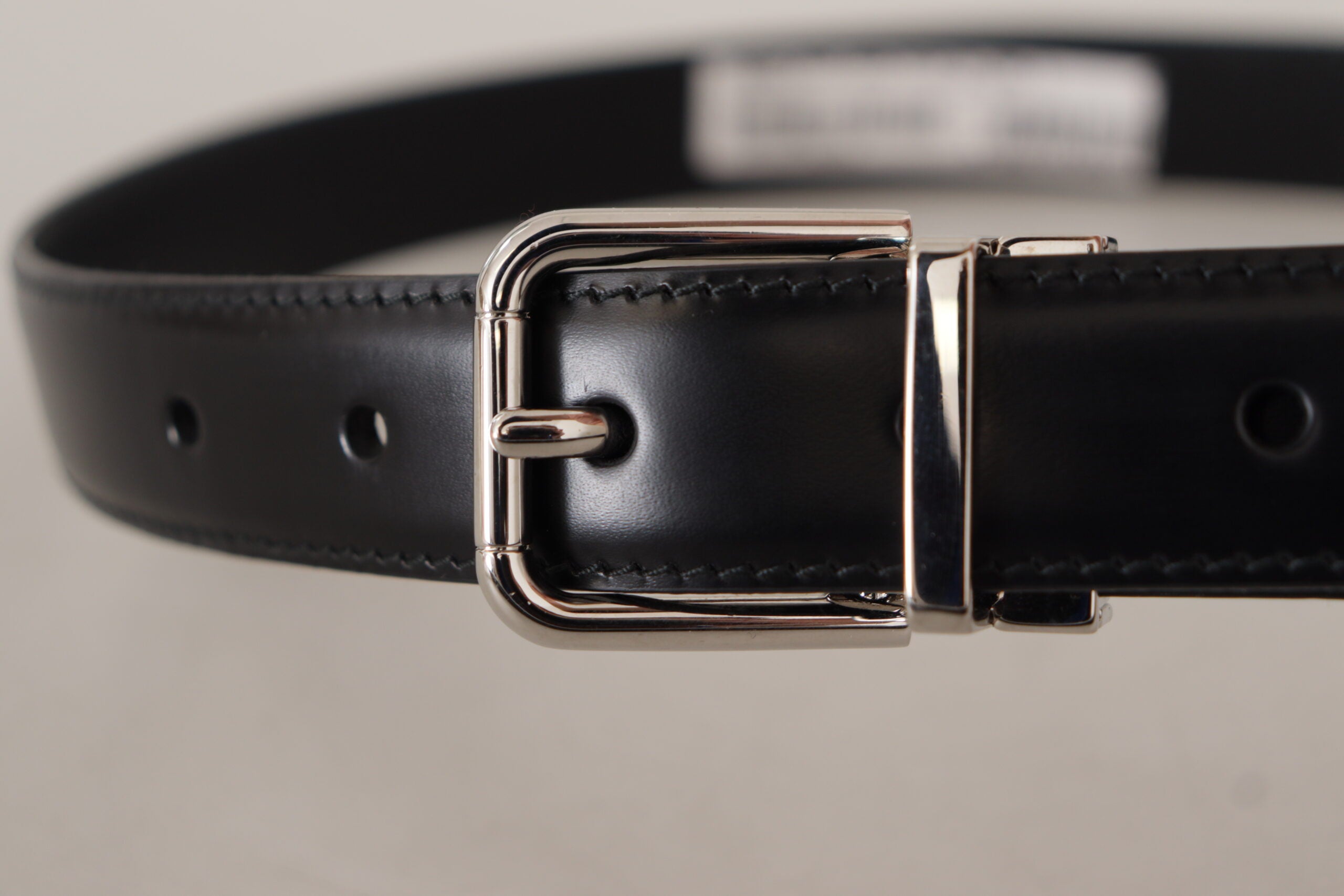 Black Calf Leather Logo Engraved Metal Buckle Belt