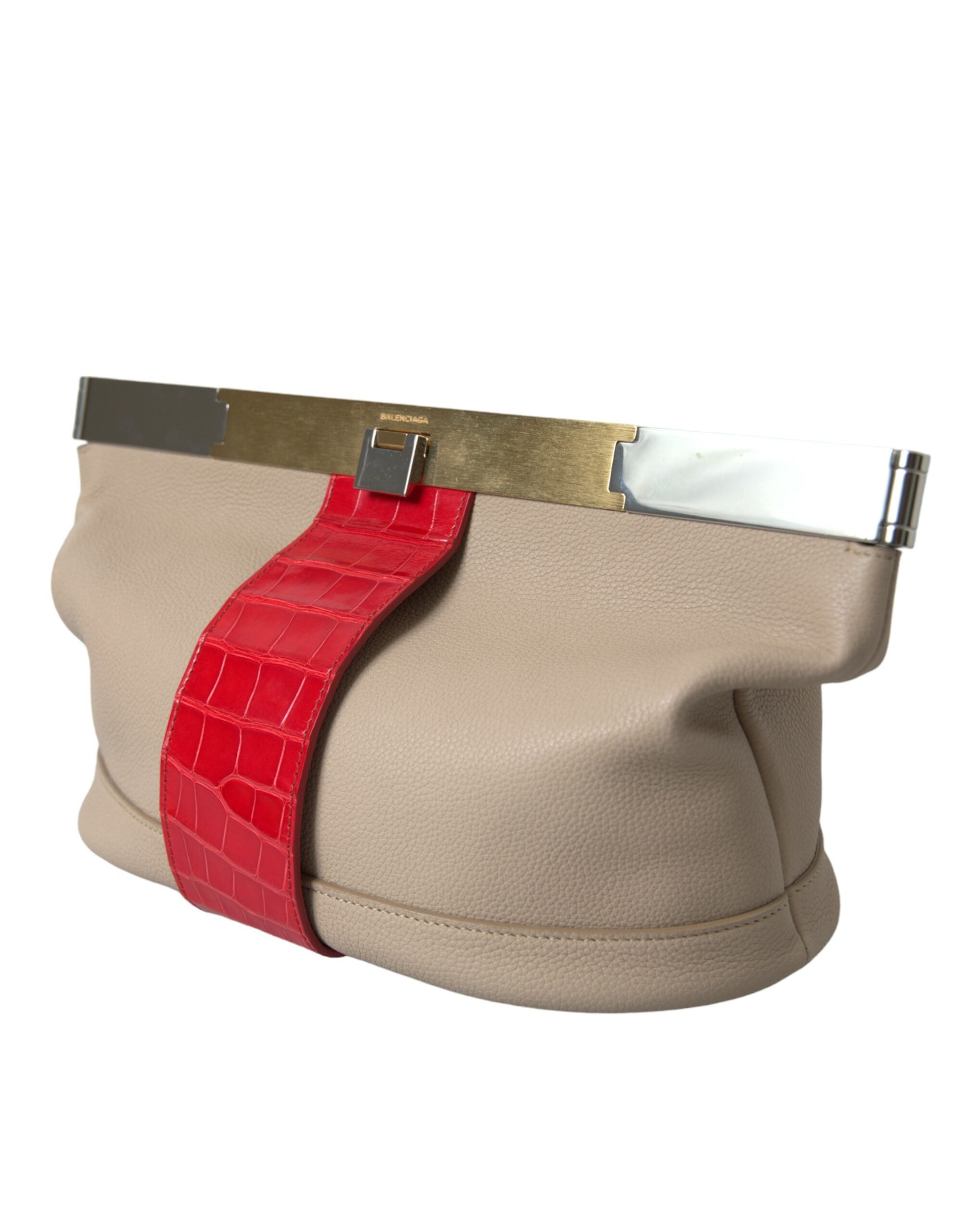 Beige Red Two Tone Exotic Leather Pouch Bag