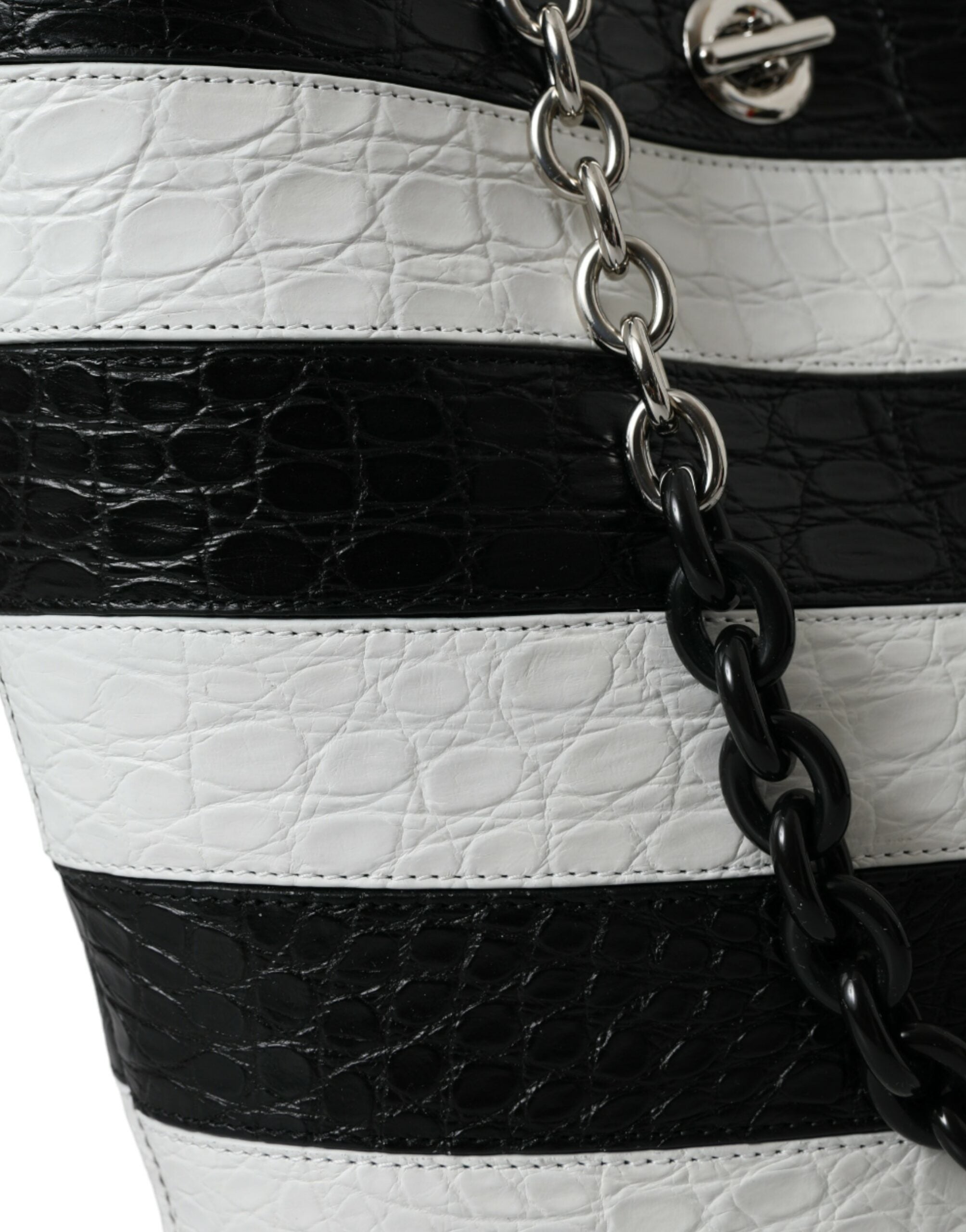Black White Striped Exotic Skin Leather Maxi Bucket Tote Bag