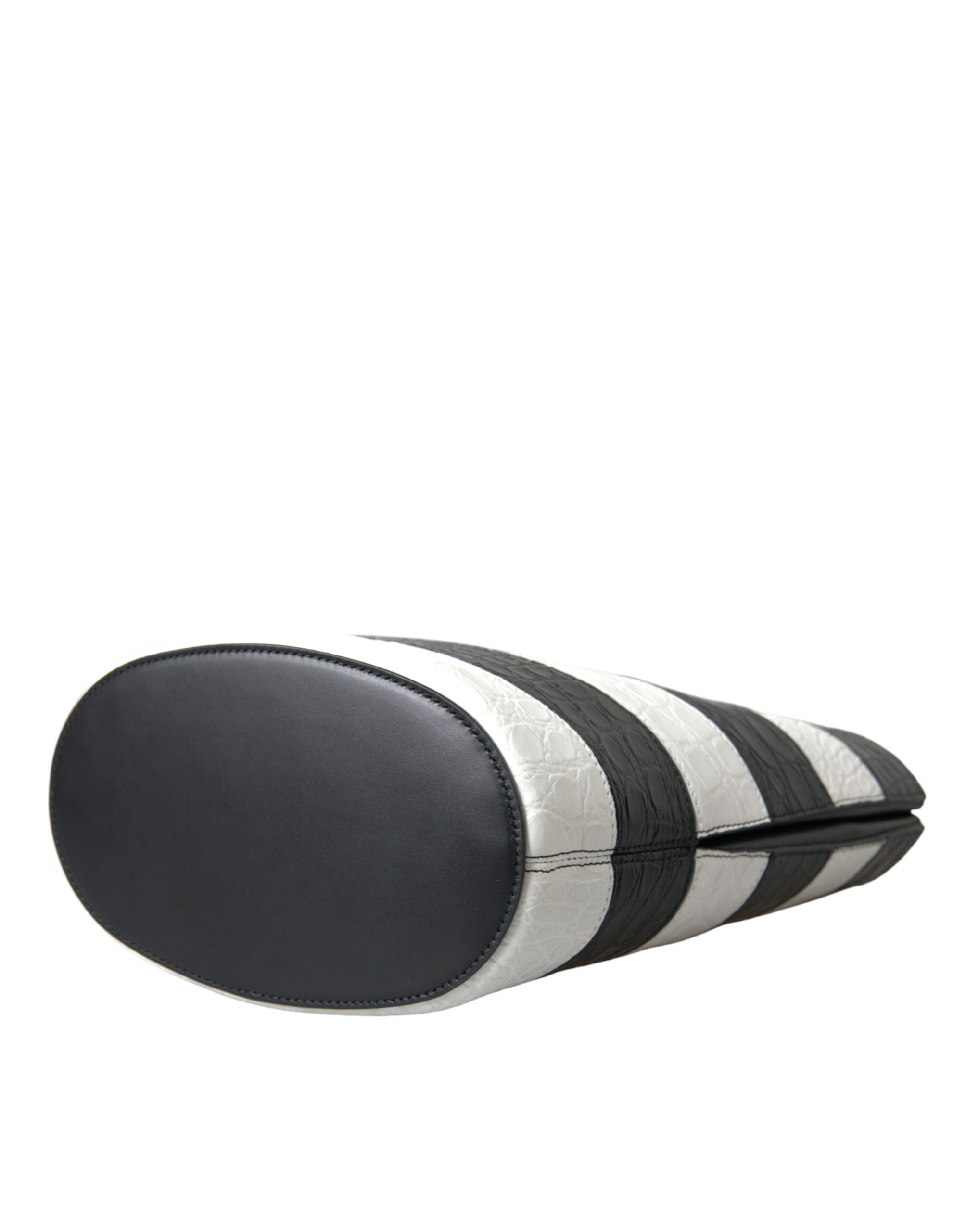 Black White Striped Exotic Skin Leather Maxi Bucket Tote Bag