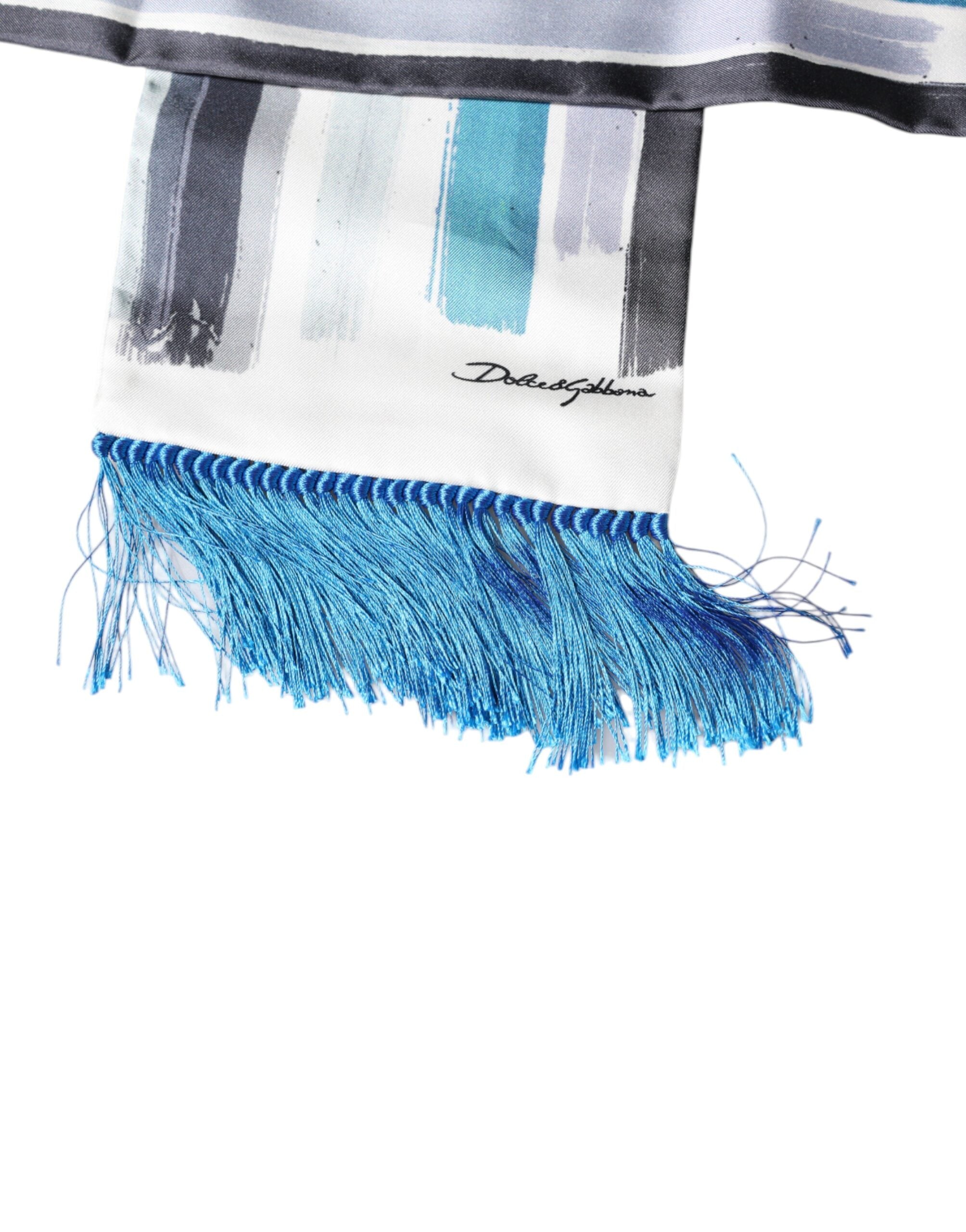 White Blue Stripes Silk Fringes Wrap Scarf