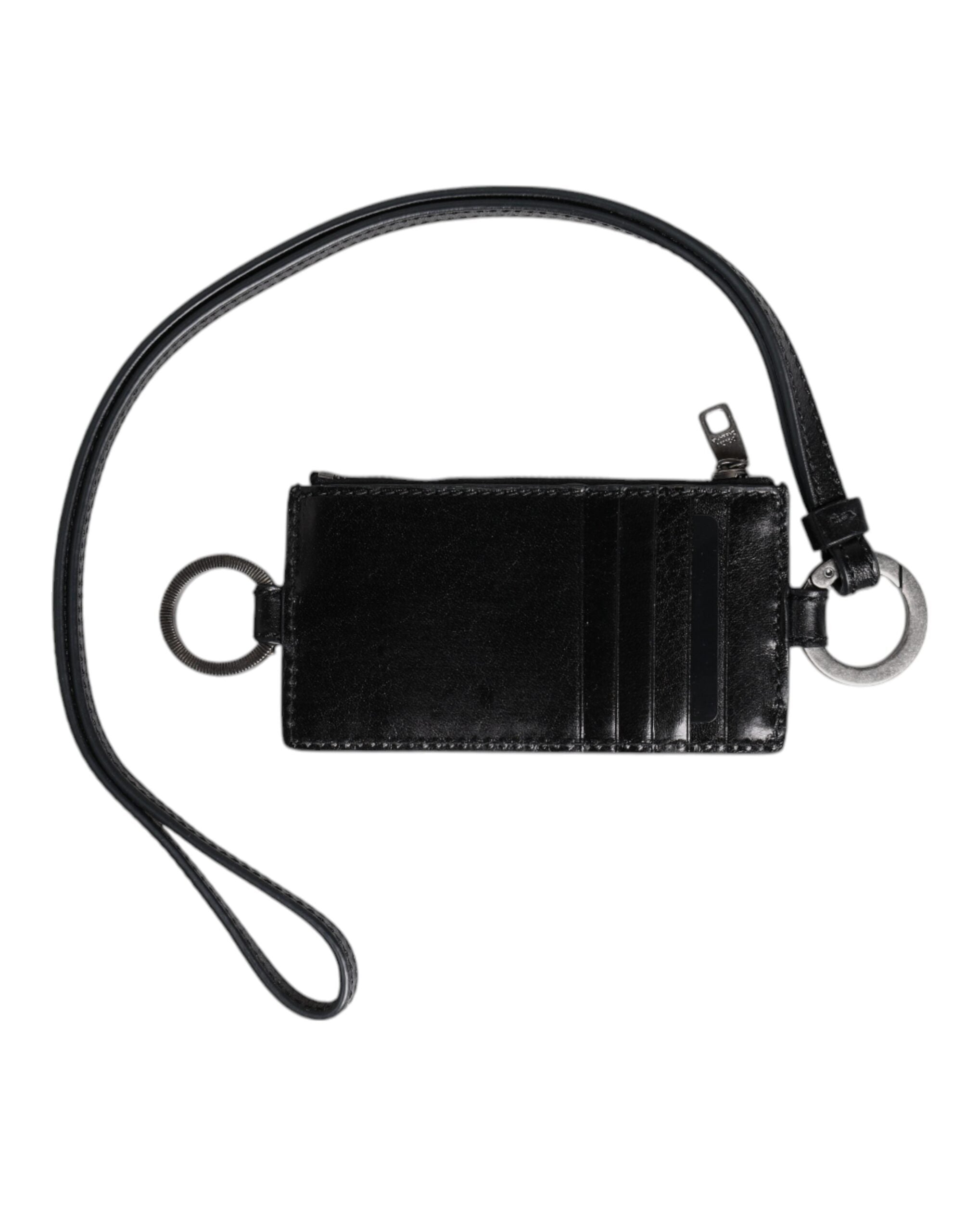 Black Leather Logo Embossed Lanyard Card Holder Wallet