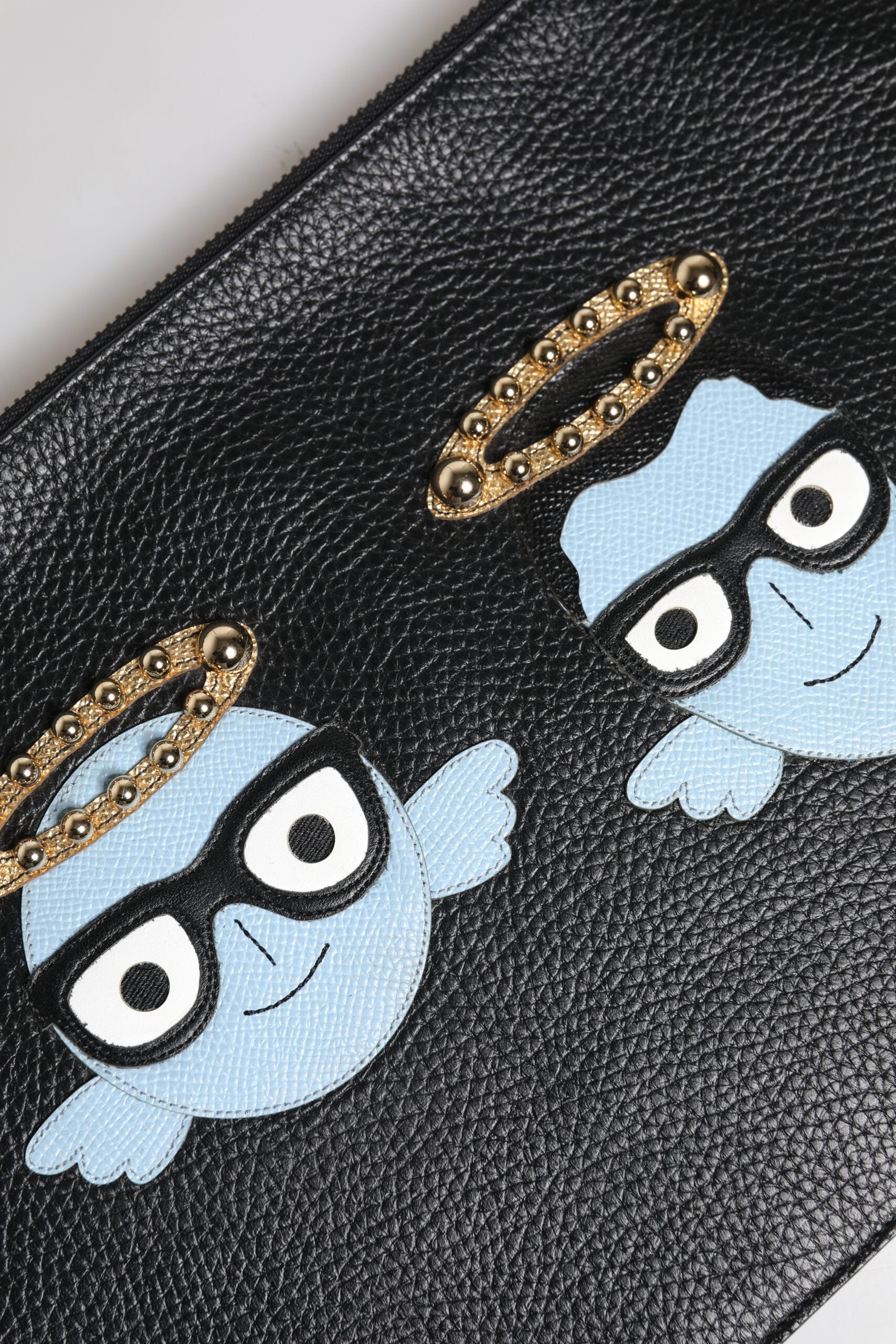 Black Leather #DGFAMILY Embellished Men Zip Pouch Bag