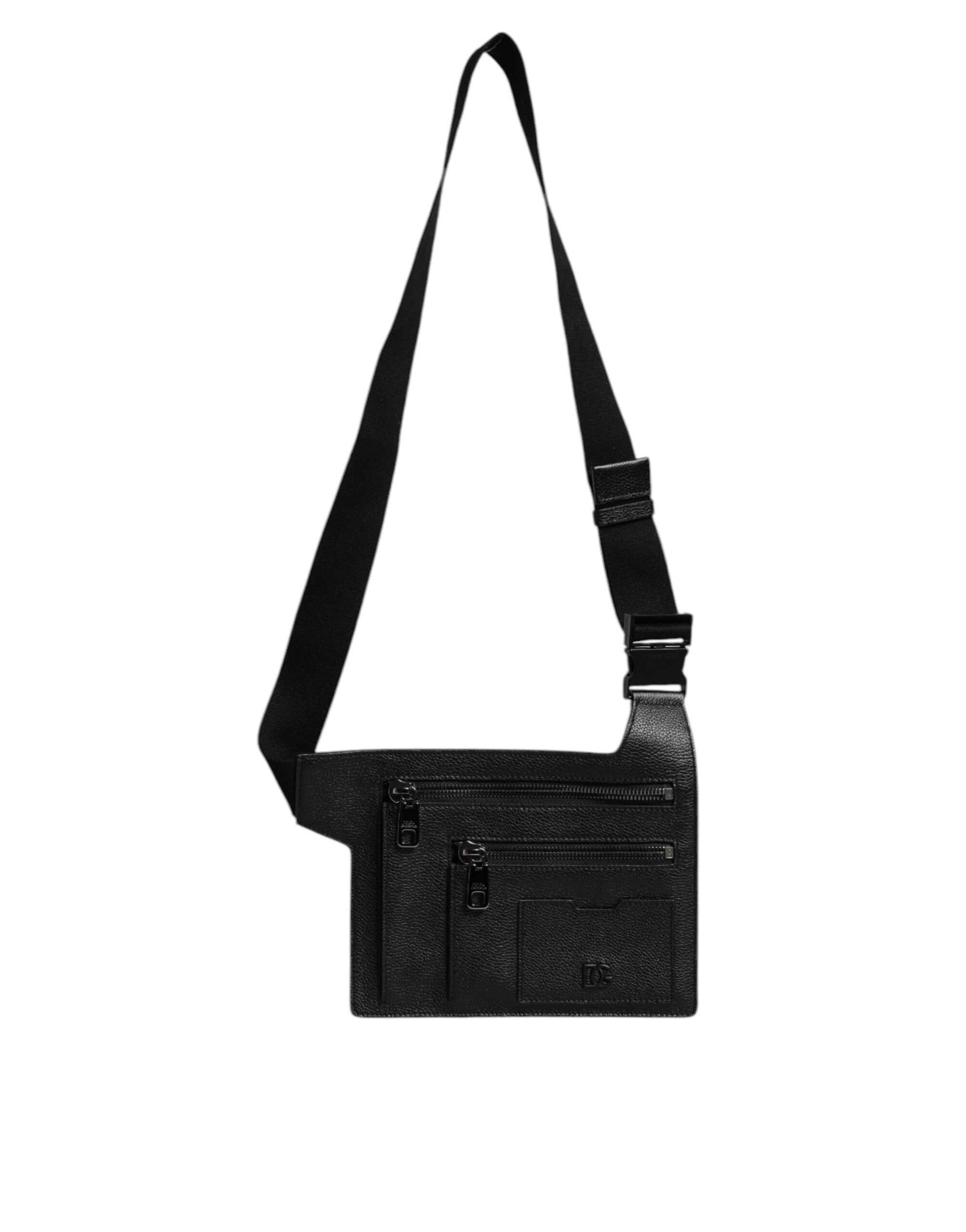 Black Calfskin Leather Messenger Crossbody Bag