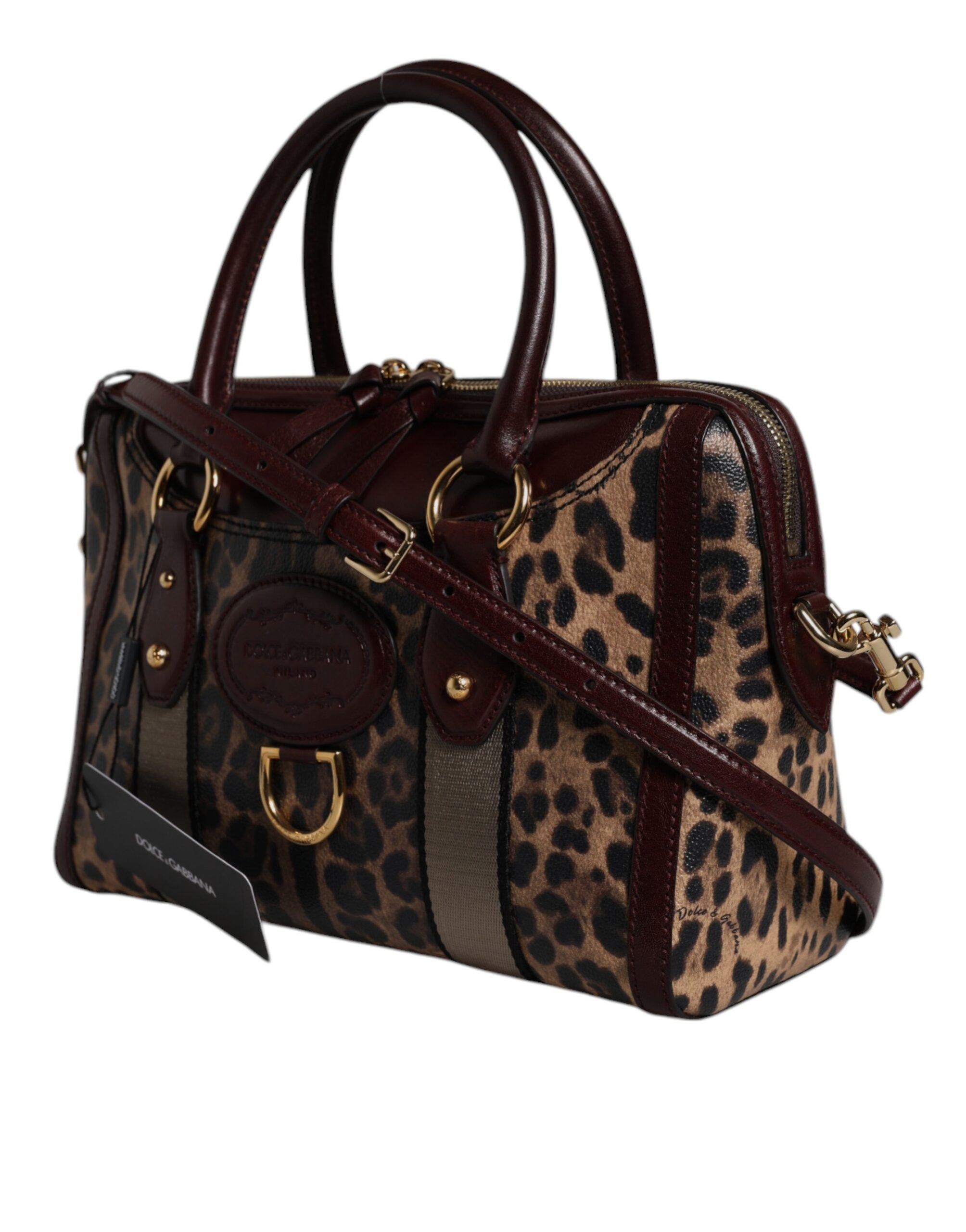 Brown Leopard Leather Shoulder Strap Duffle Bag