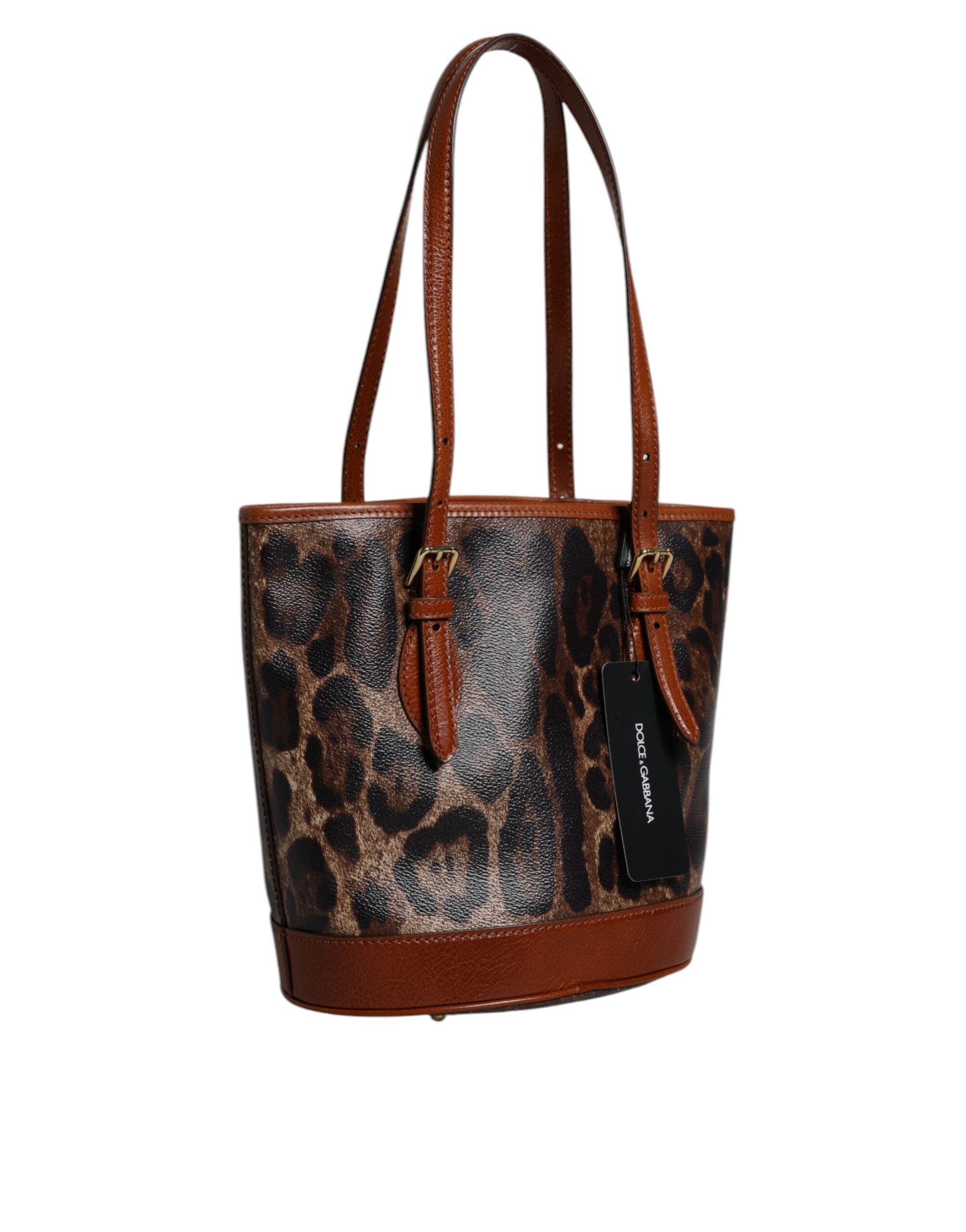 Brown Leopard Leather Shoulder Strap Tote Bag