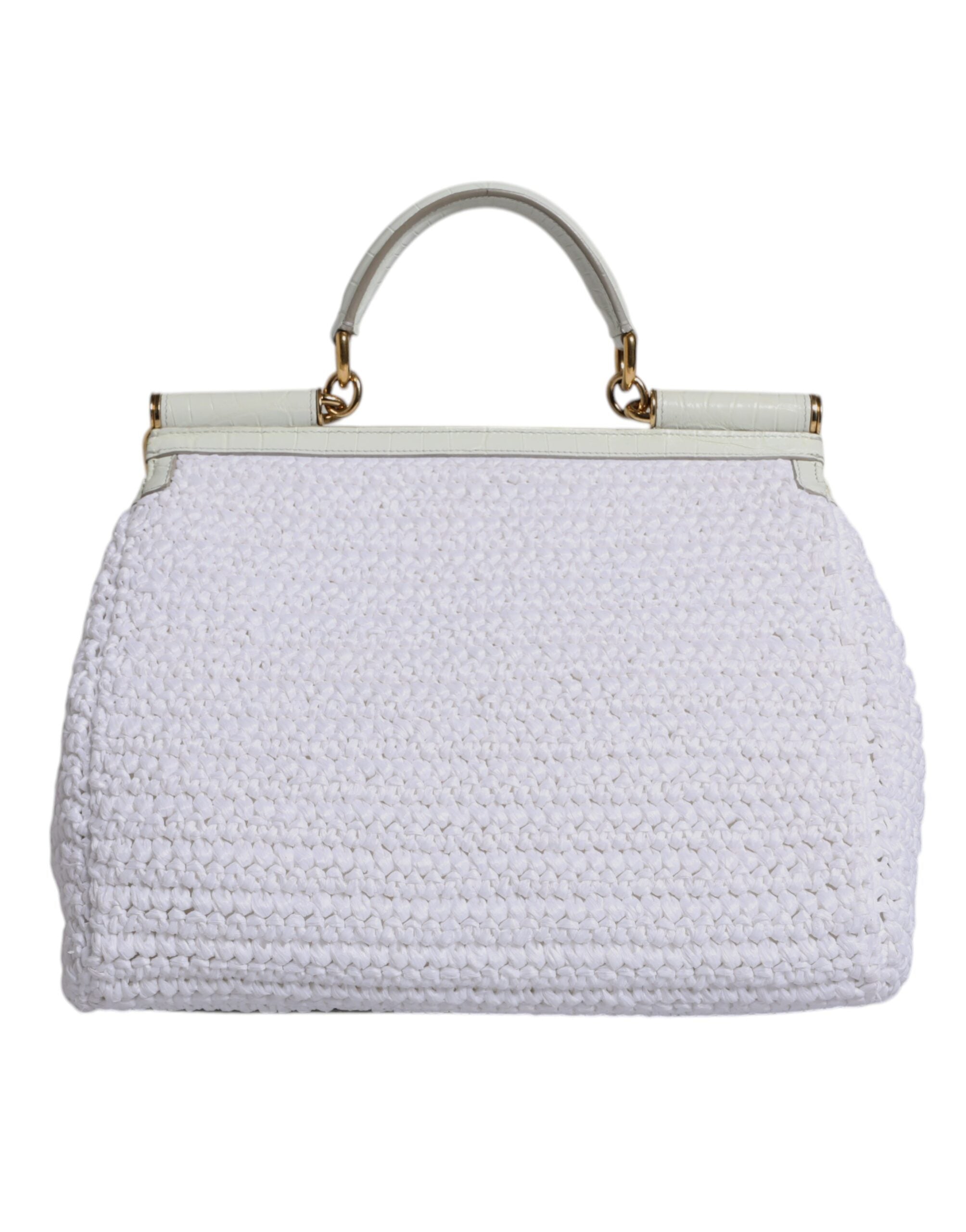 White Rafia Leather Top Handle Crossbody Bag