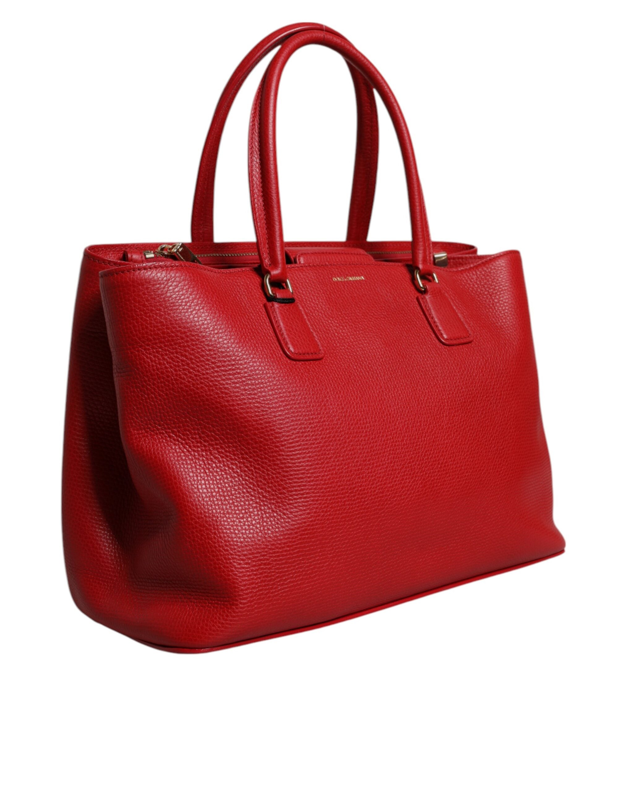 Red Calfskin Leather Logo Plaque Top Handle Bag