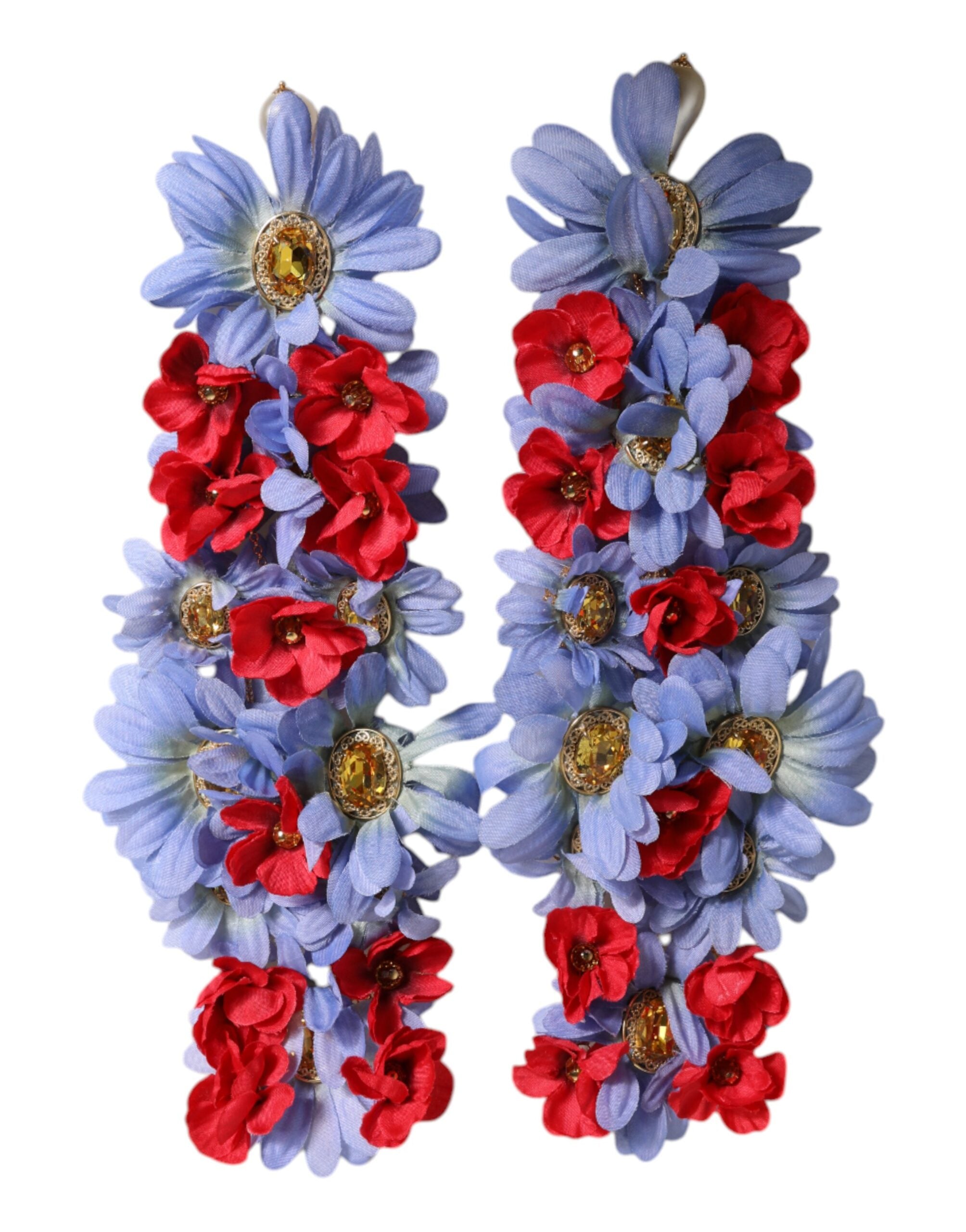 Gold Tone Brass Floral Crystal Clip On Dangling Earrings