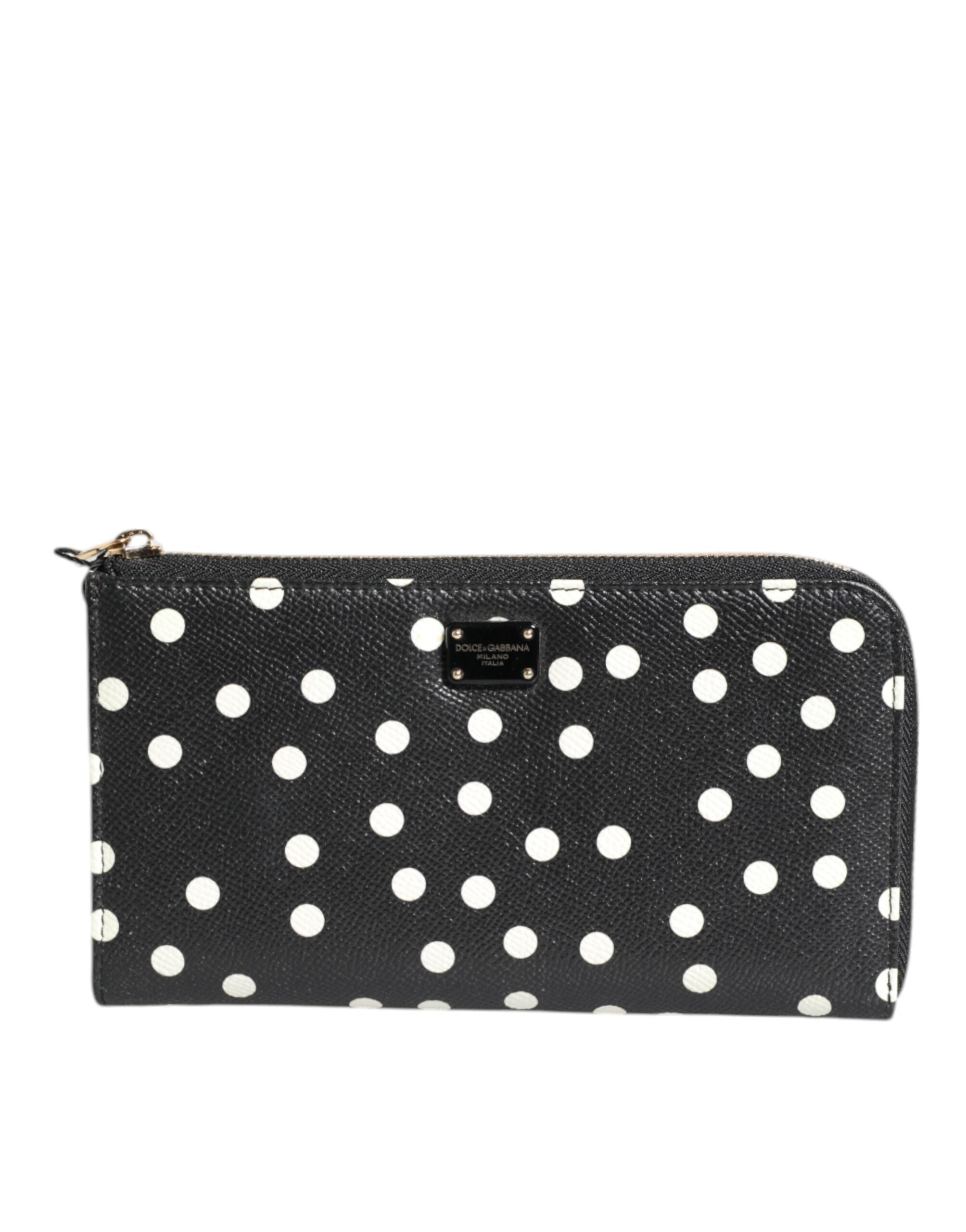 Black White Dotted Leather Zip Around Continental Wallet