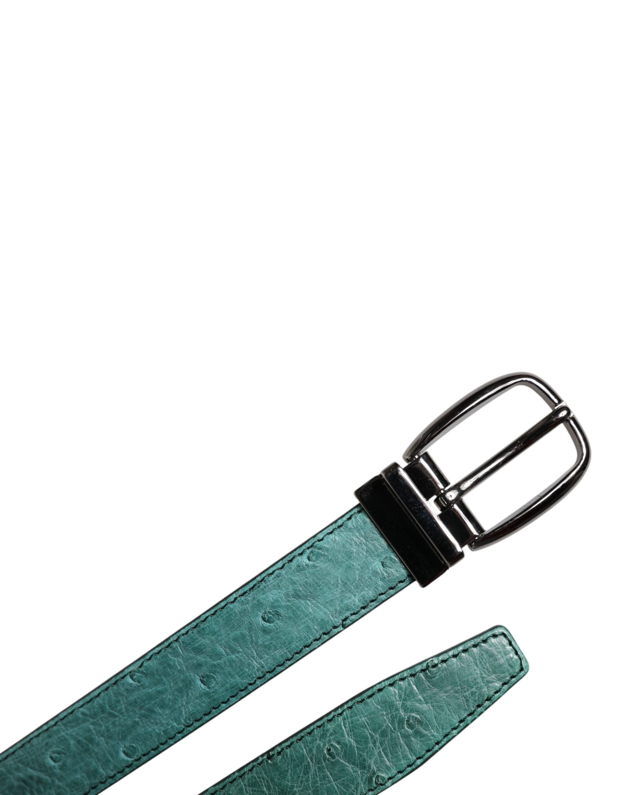 Green Ostrich Leather Silver Metal Buckle Belt