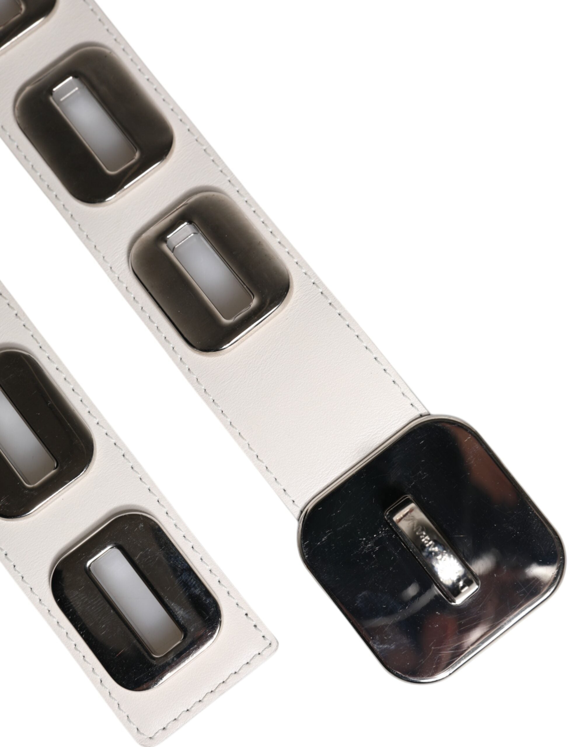 White Leather Gold Tone Rotating Buckle Belt