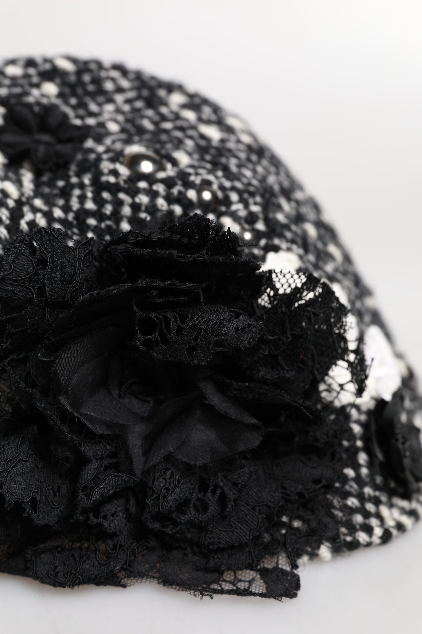 Black Wool White Floral Embellished Cloche Hat