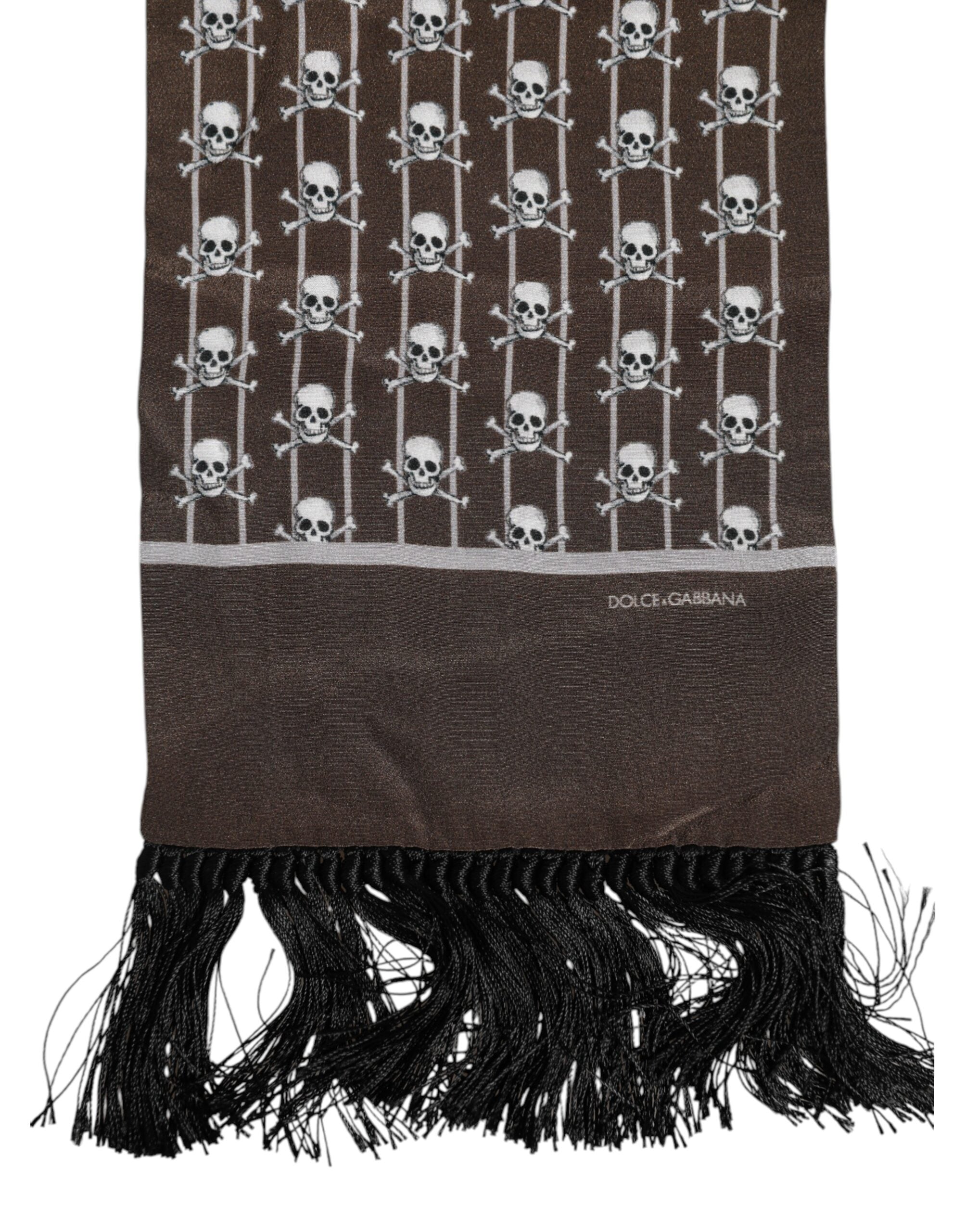 Brown Skulls Print Fringes Men Foulard Scarf